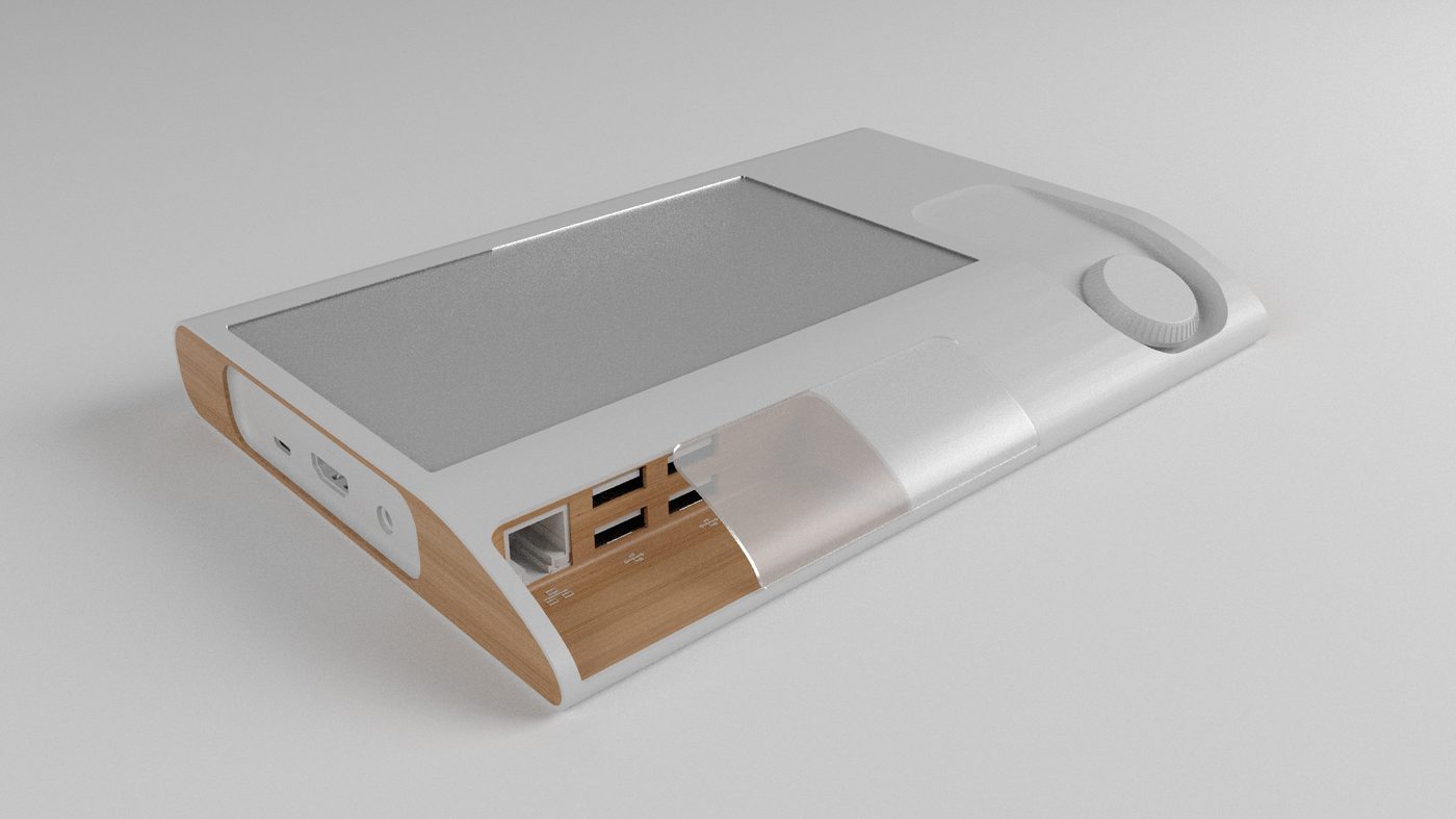 Close detail of the connection edge - HDMI, audio jack and the USB bank set into the oak flank, with the translucent port cover lifted away.