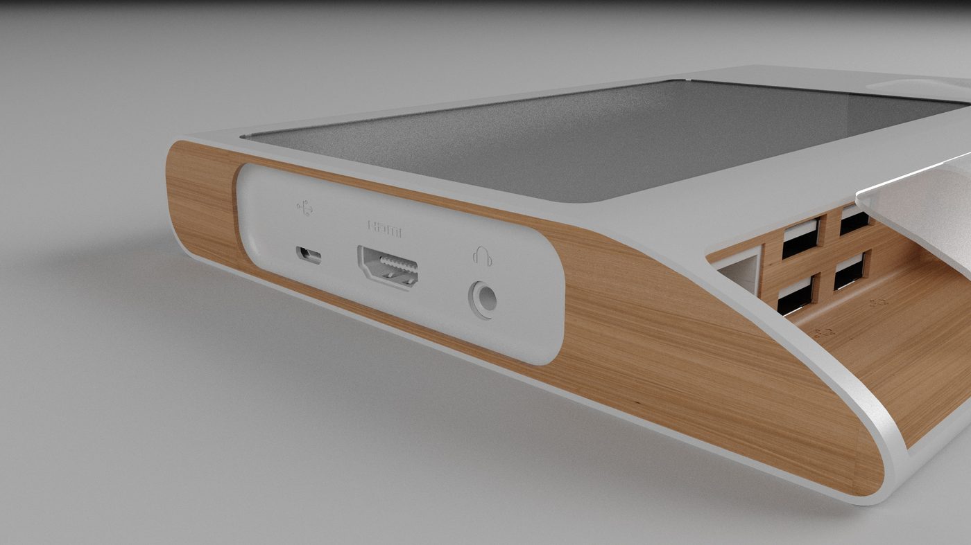 Close view along the mounting edge: a white port plate carrying HDMI, micro-USB and audio between the oak cheeks, with the switch wells running away to the right.