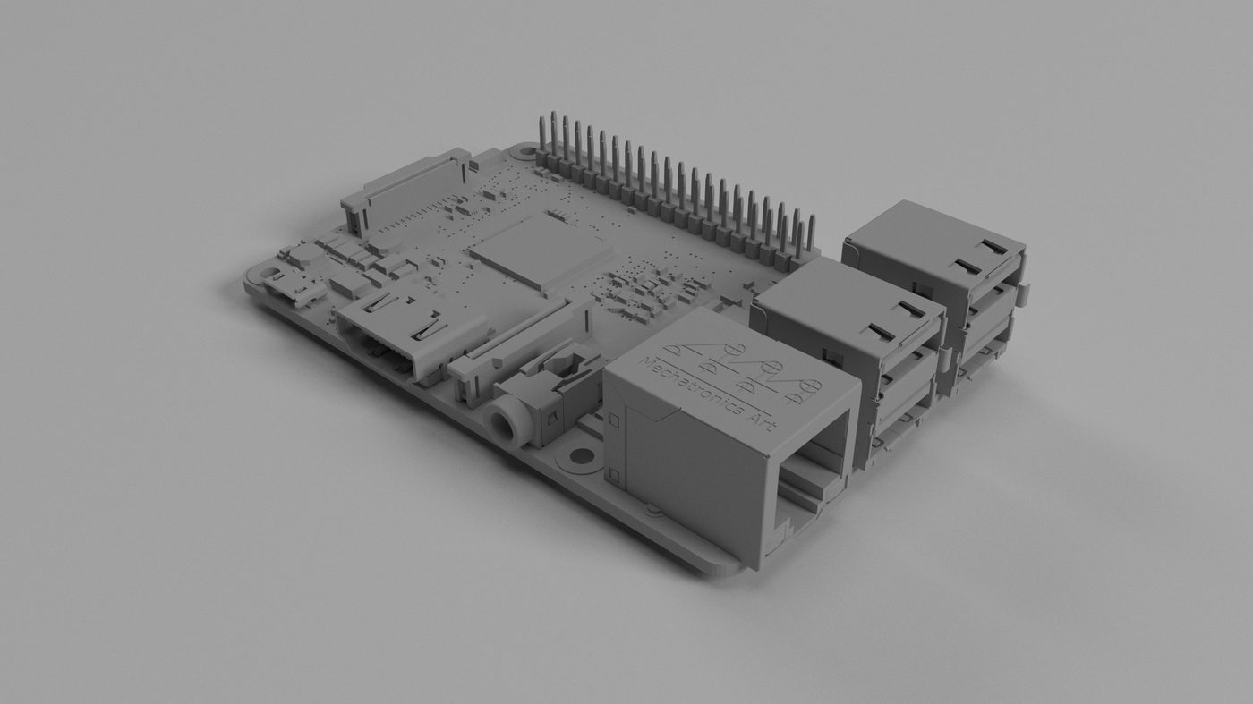 Clay model of the single-board computer the housing is built around, its GPIO header, HDMI and stacked USB ports visible on the board edge.