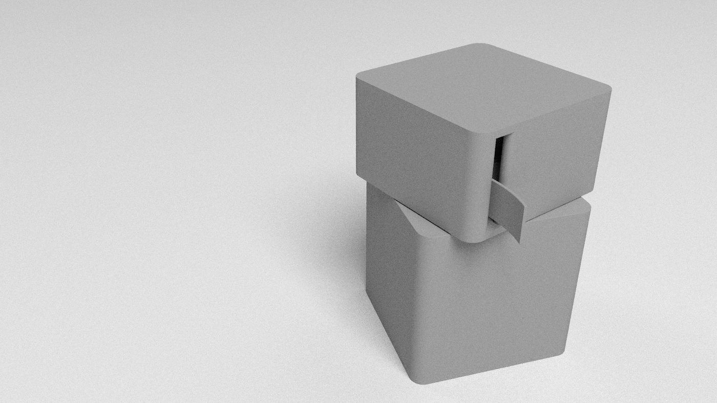 The charger as a two-part stacking cube with the cable tail fed out through the slit between the halves.