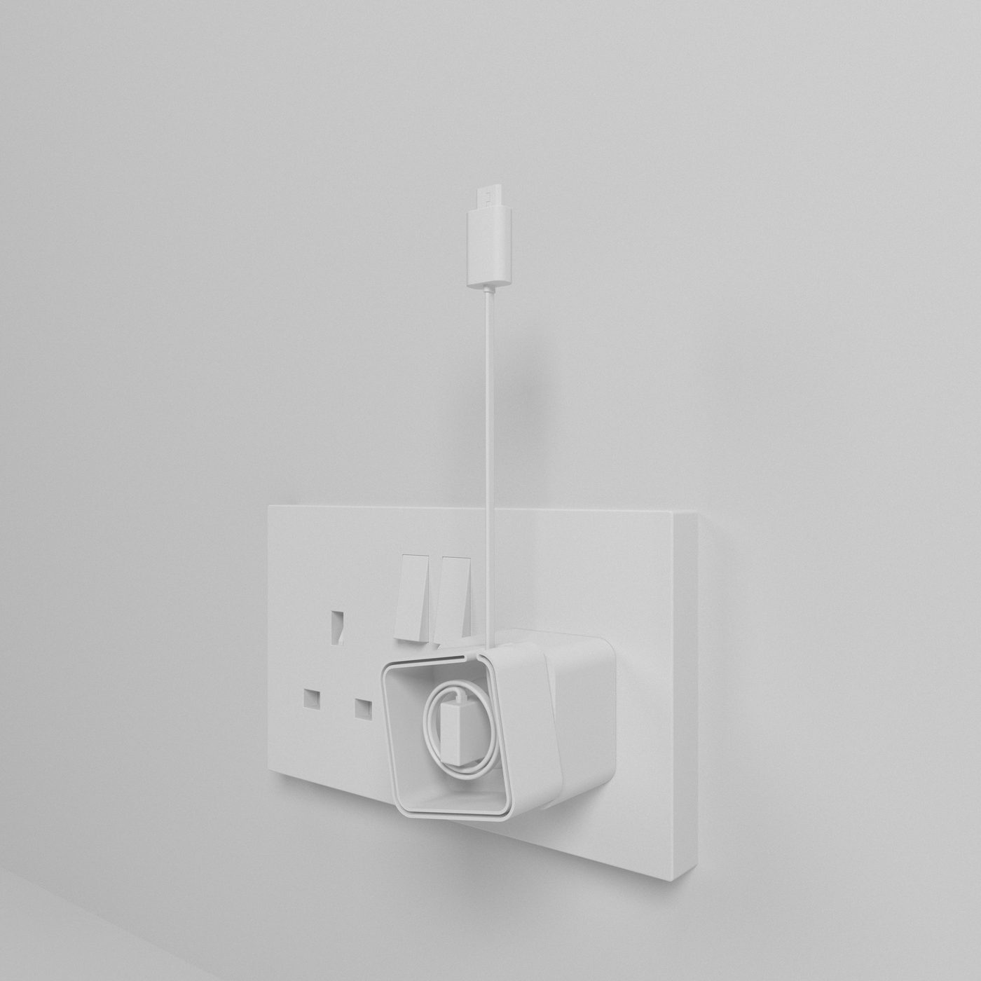 The charger block plugged into a wall socket, its cable rising in a clean line to the panel above.