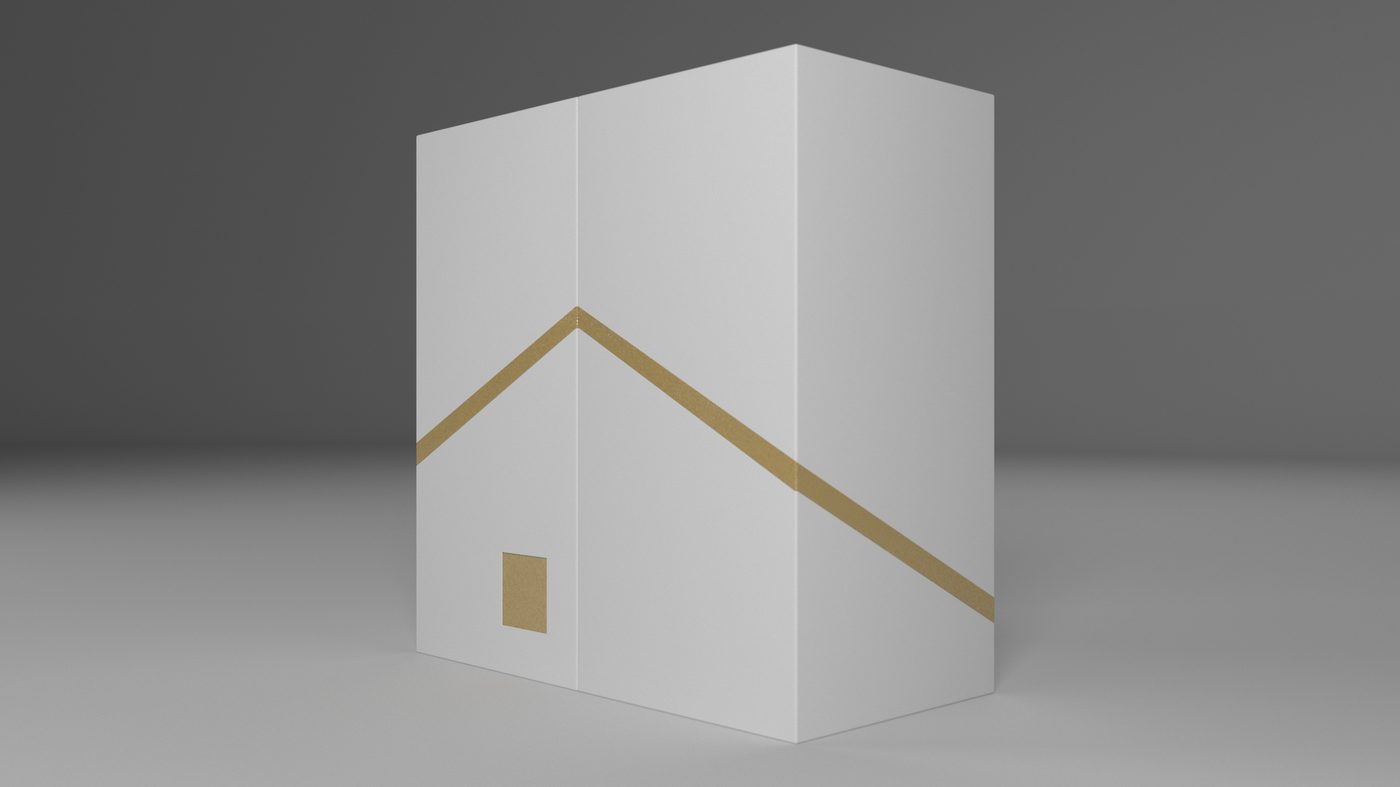 The assembled retail carton standing alone, its gold roofline and square mark reading as a house on an otherwise plain white surface.