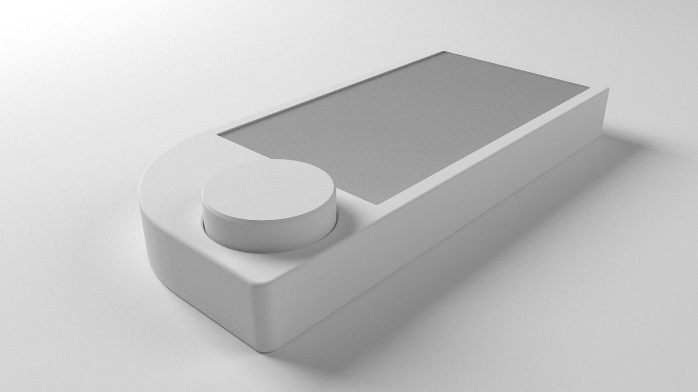 Clay model of the assembled panel from the front corner: the screen sits flush in the sloped face with the rotary dial raised at the left and the port openings moulded into the flank.