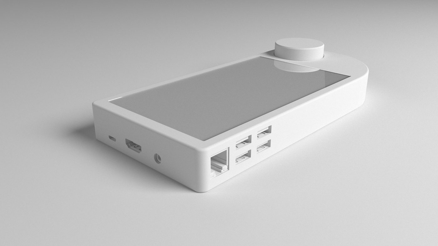 Rear three-quarter clay model showing the port bank moulded into the housing - HDMI, micro-USB and audio on the flank, three USB sockets behind.