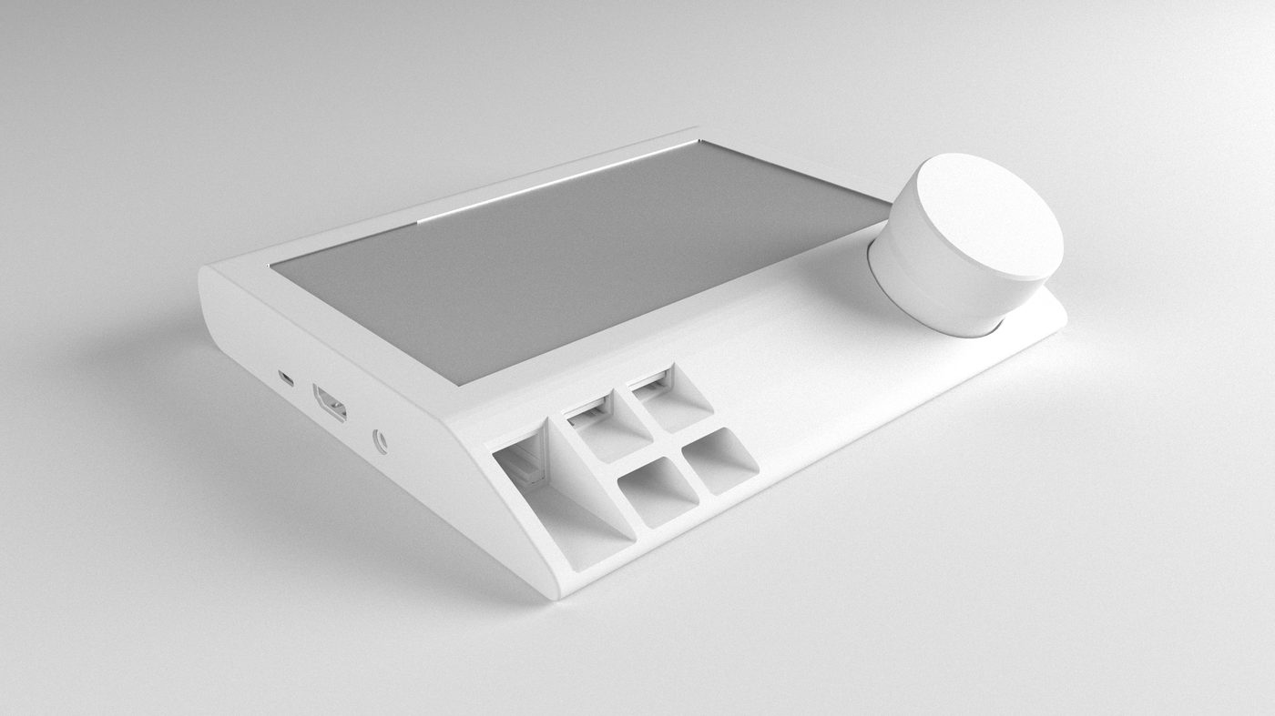 Clay model from the port side with a two-by-two grid of square switch openings moulded into the wedge, the dial raised at the far end and the screen catching a soft raking light.