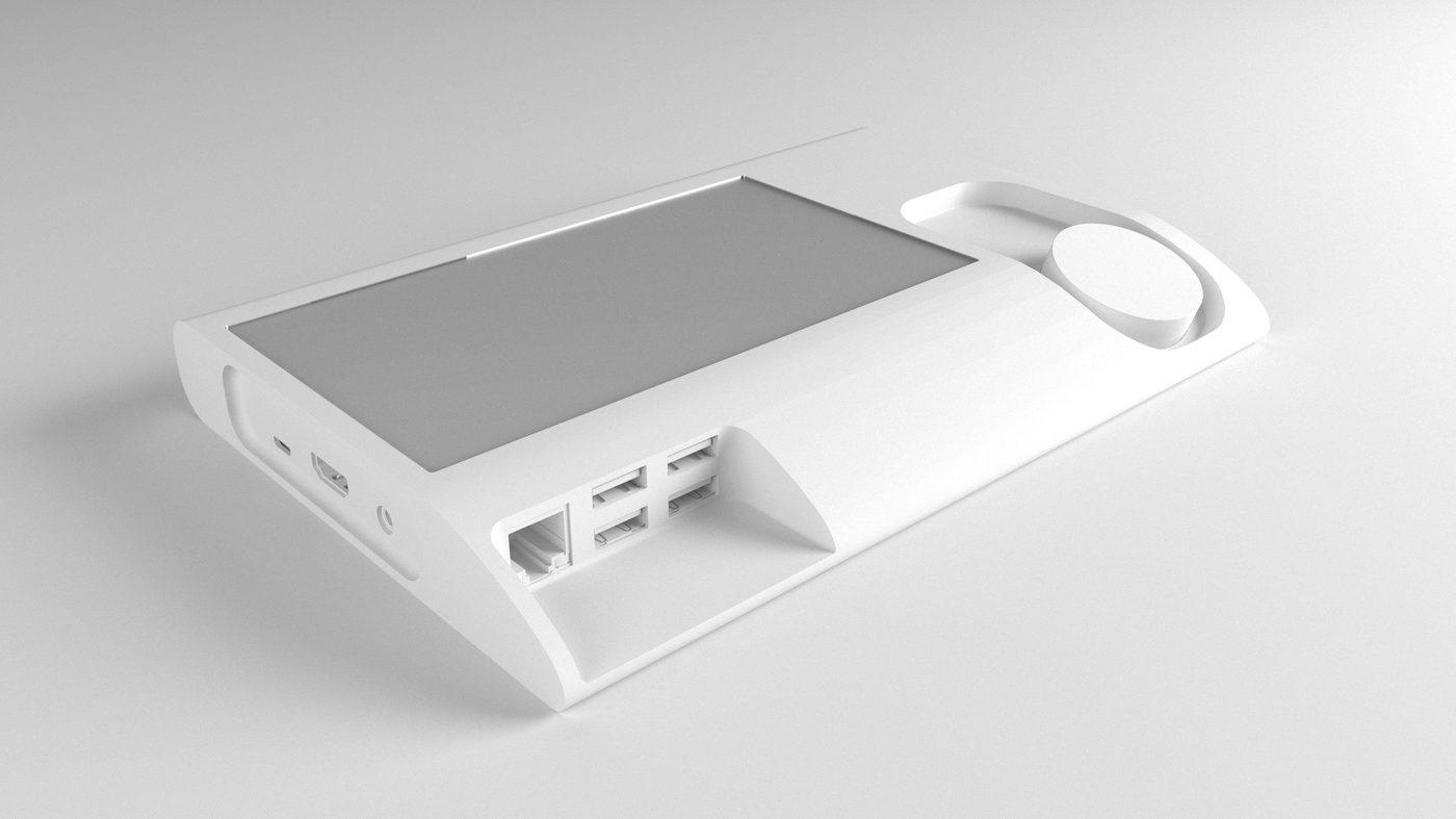 High clay study of a flatter variant: the dial swings in an elongated slot at the right, a two-by-two switch well sits at the left of the screen and the whole body tapers to the desk.