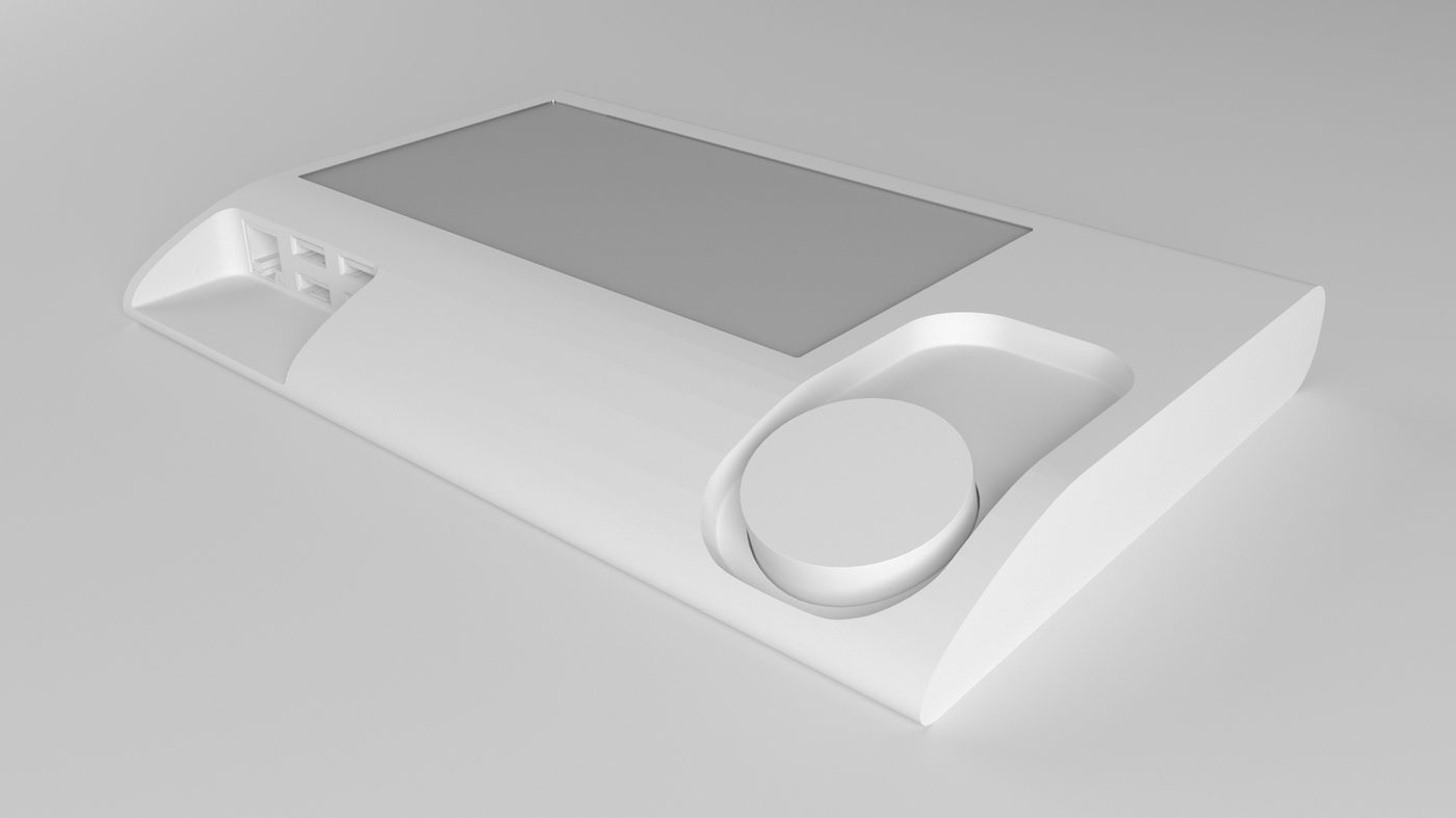 Flatter housing variant in clay, the dial recessed into a circular well and the screen tilted toward the viewer.