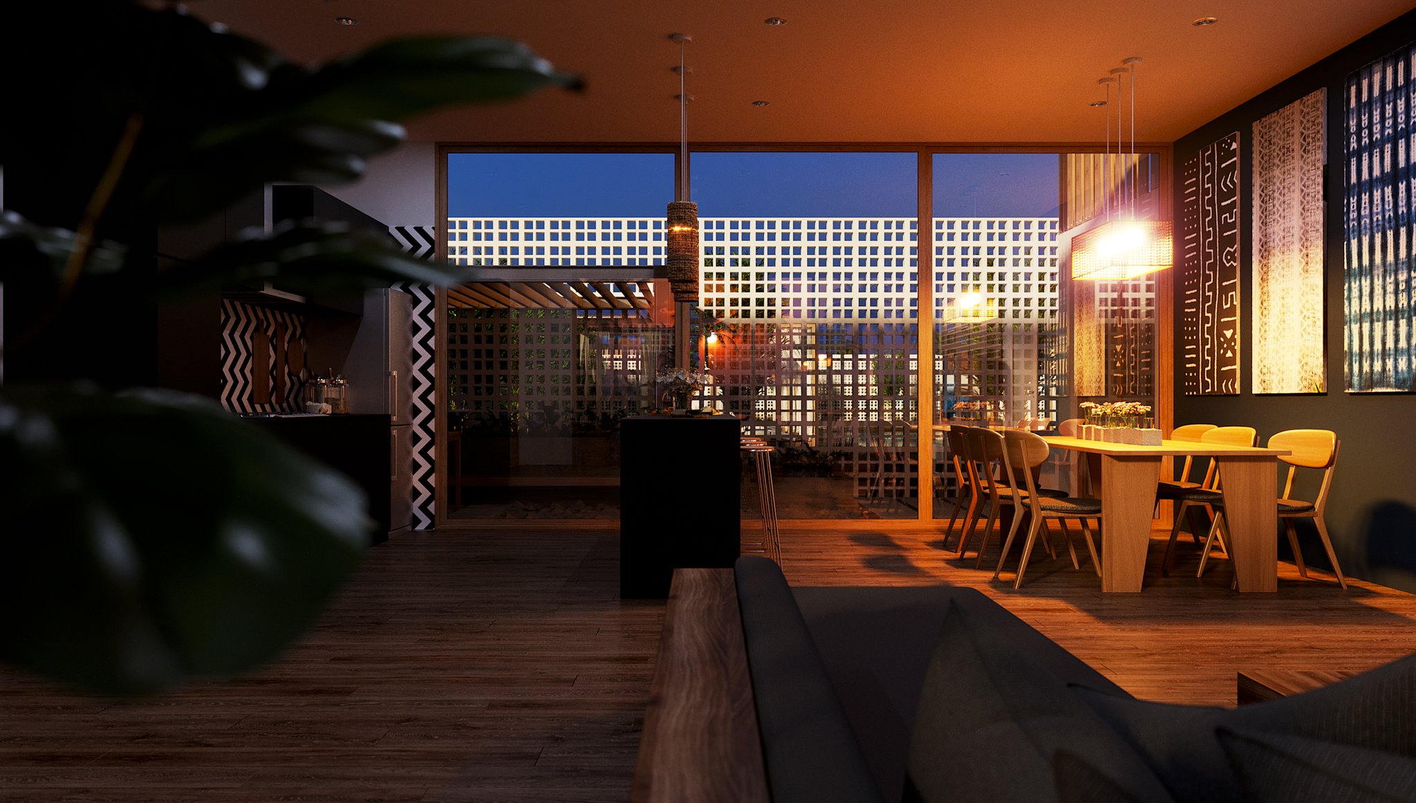 Senya Resort dining room at dusk: a long timber table with bentwood chairs under woven pendant lights, backlit panels of adinkra-style patterning on the dark wall at the right, and full-height glazing onto a pergola and a white lattice screen glowing against the blue sky