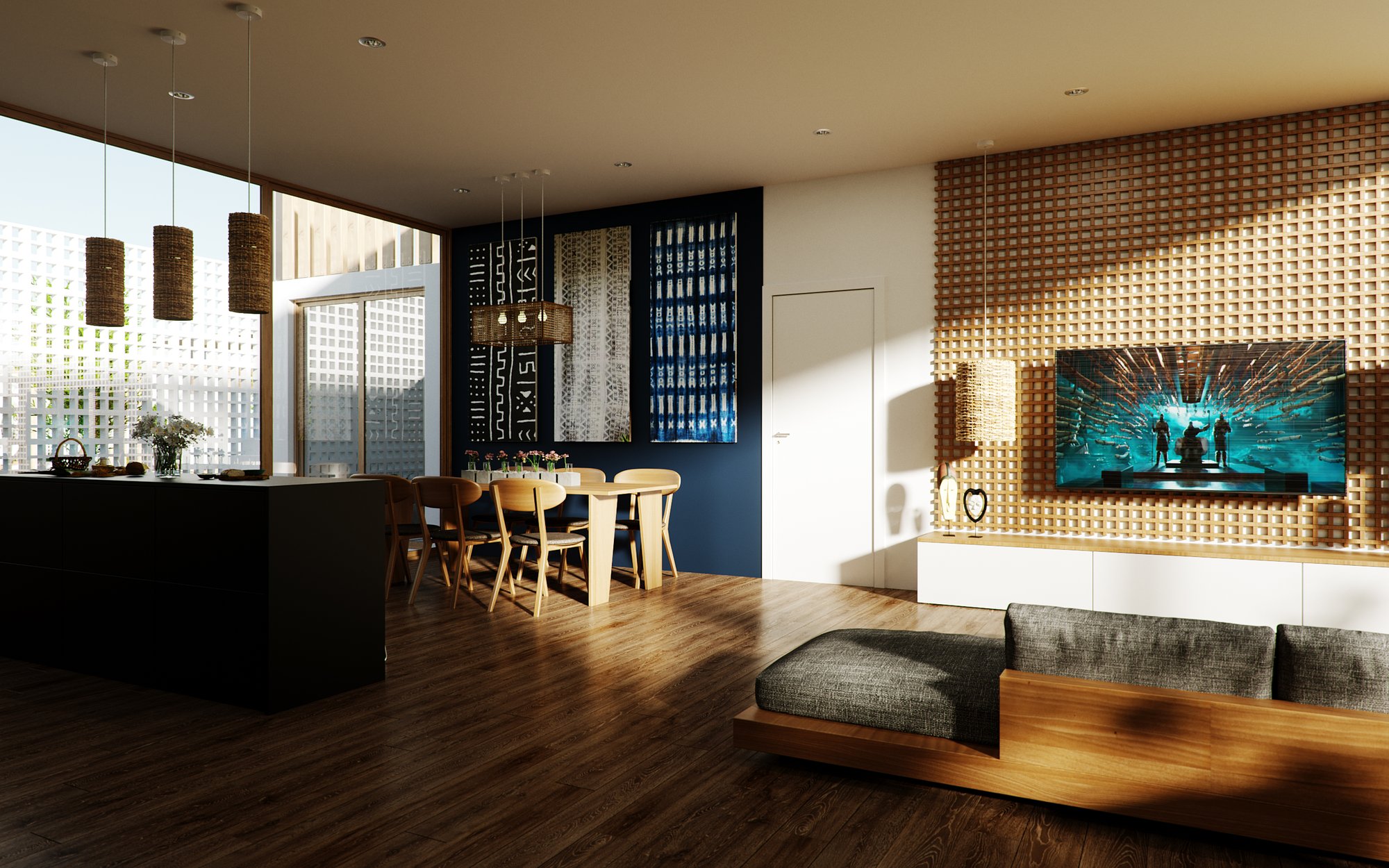 Senya Resort open-plan living space with a carved timber lattice wall and African textile panels