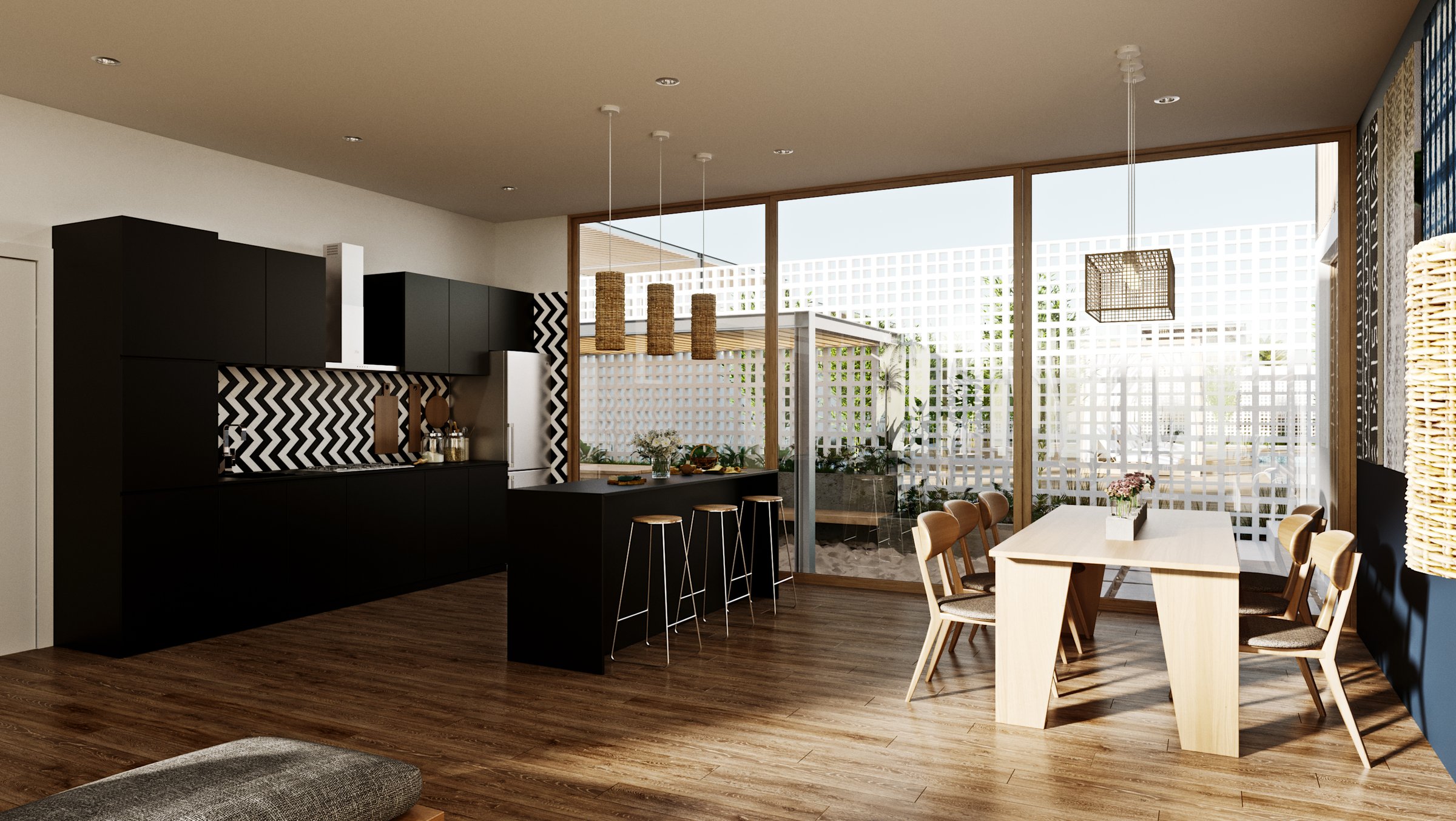 Kitchen with black cabinetry, chevron splashback and island, opening to the dining table