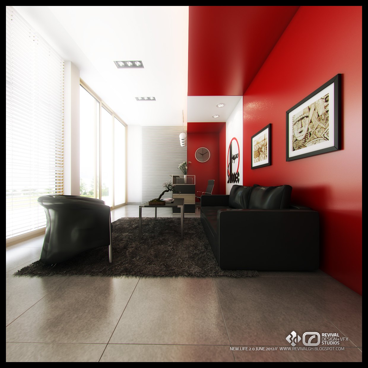 Interior visualization of a corporate lounge, a high-gloss red feature wall hung with framed artwork, a black leather sofa on a dark shag rug, a blind-shaded window to the left and recessed ceiling downlights over a polished floor.