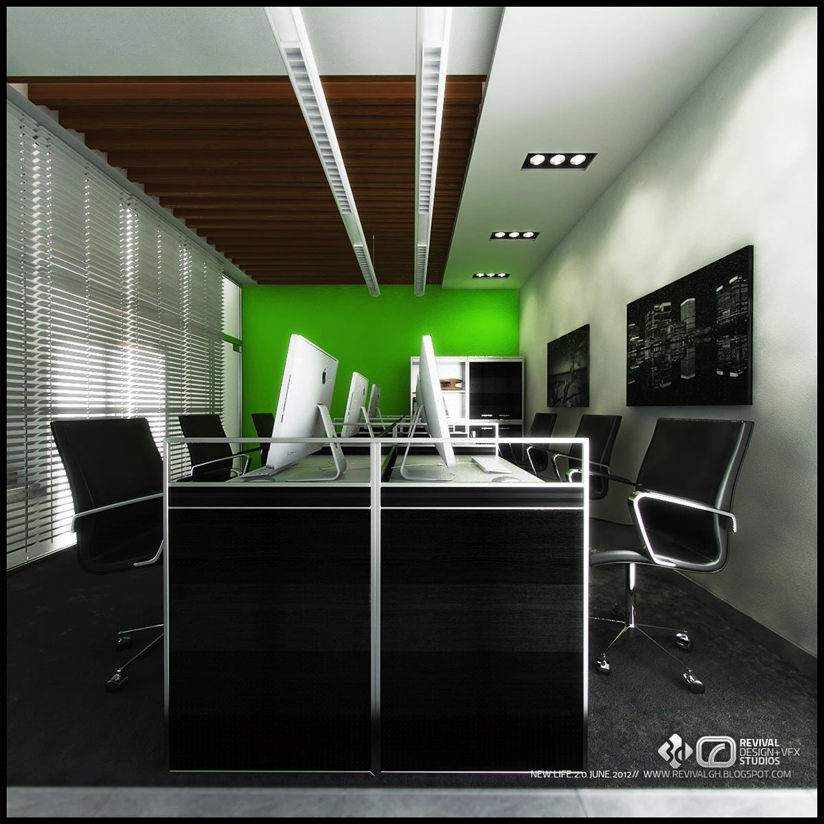 Interior visualization of an open-plan office, a green accent wall beneath a timber-slat ceiling with linear light troughs, dark glossy desks carrying desktop computers, chrome-framed black task chairs, blinds along the left and framed boards on the right.