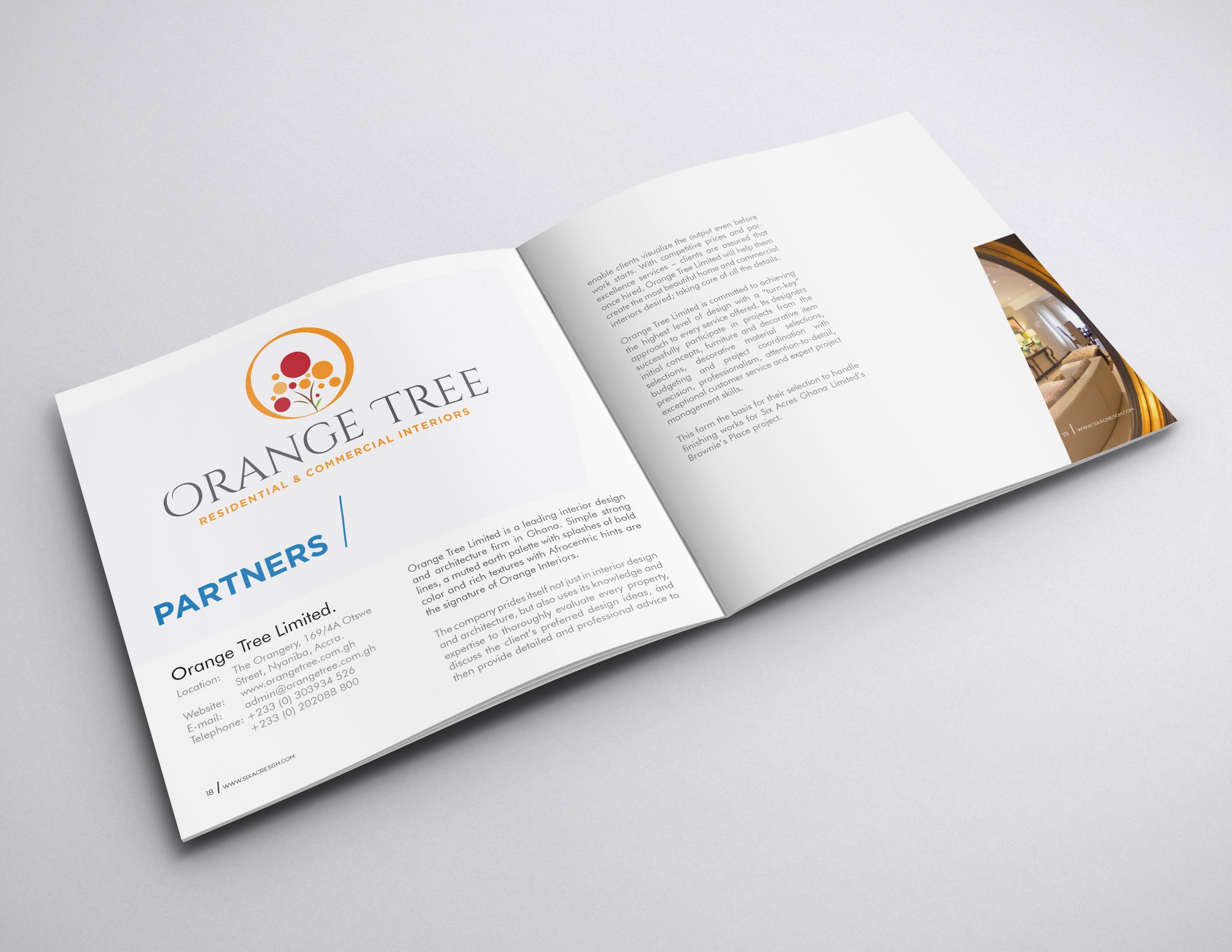 PARTNERS spread: the Orange Tree Limited emblem in orange over the blue heading, the partner particulars and the scope of its involvement on the facing page