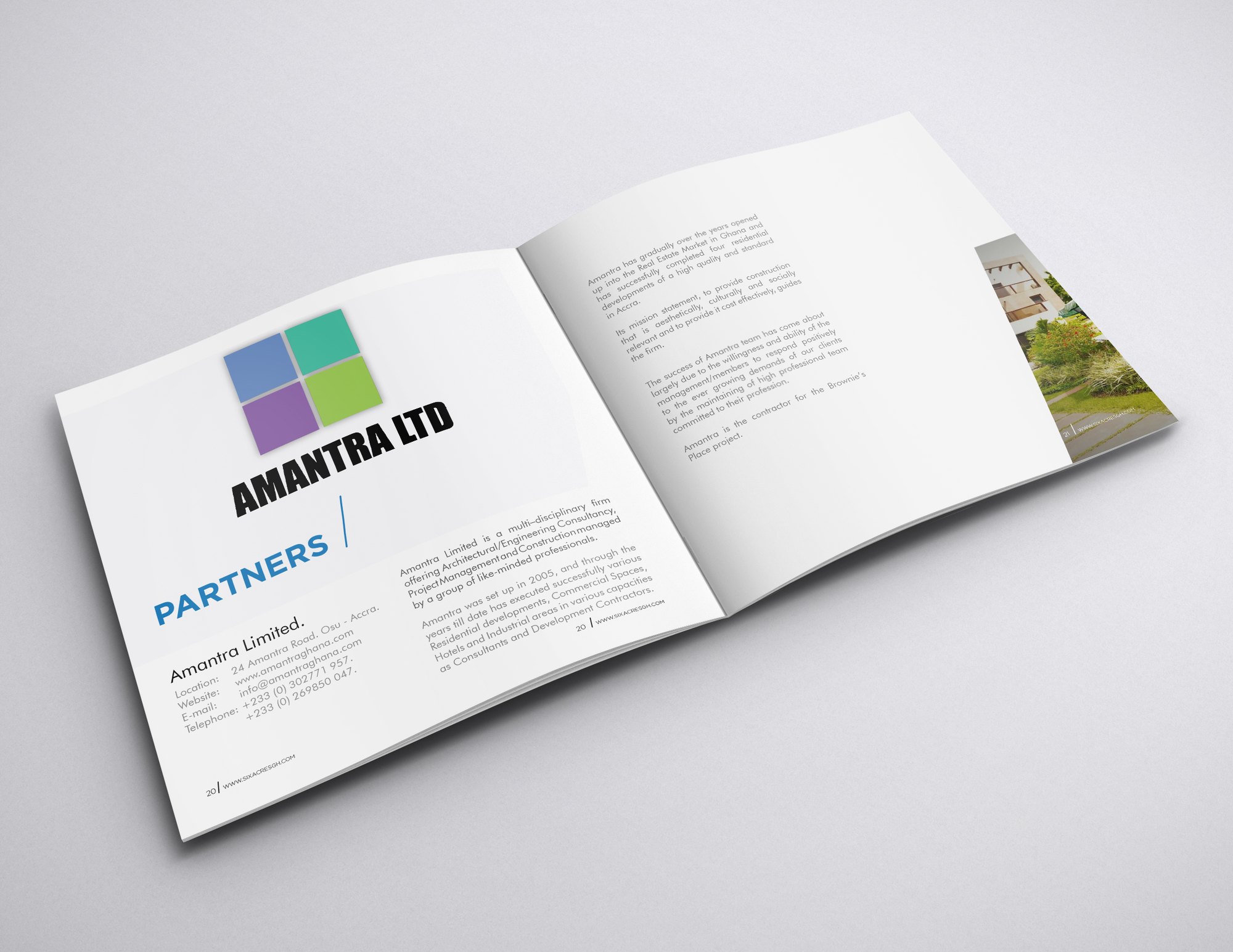 PARTNERS spread: the Amantra Limited four-square mark in blue and green above the heading, with the partner details and the terms of its collaboration facing