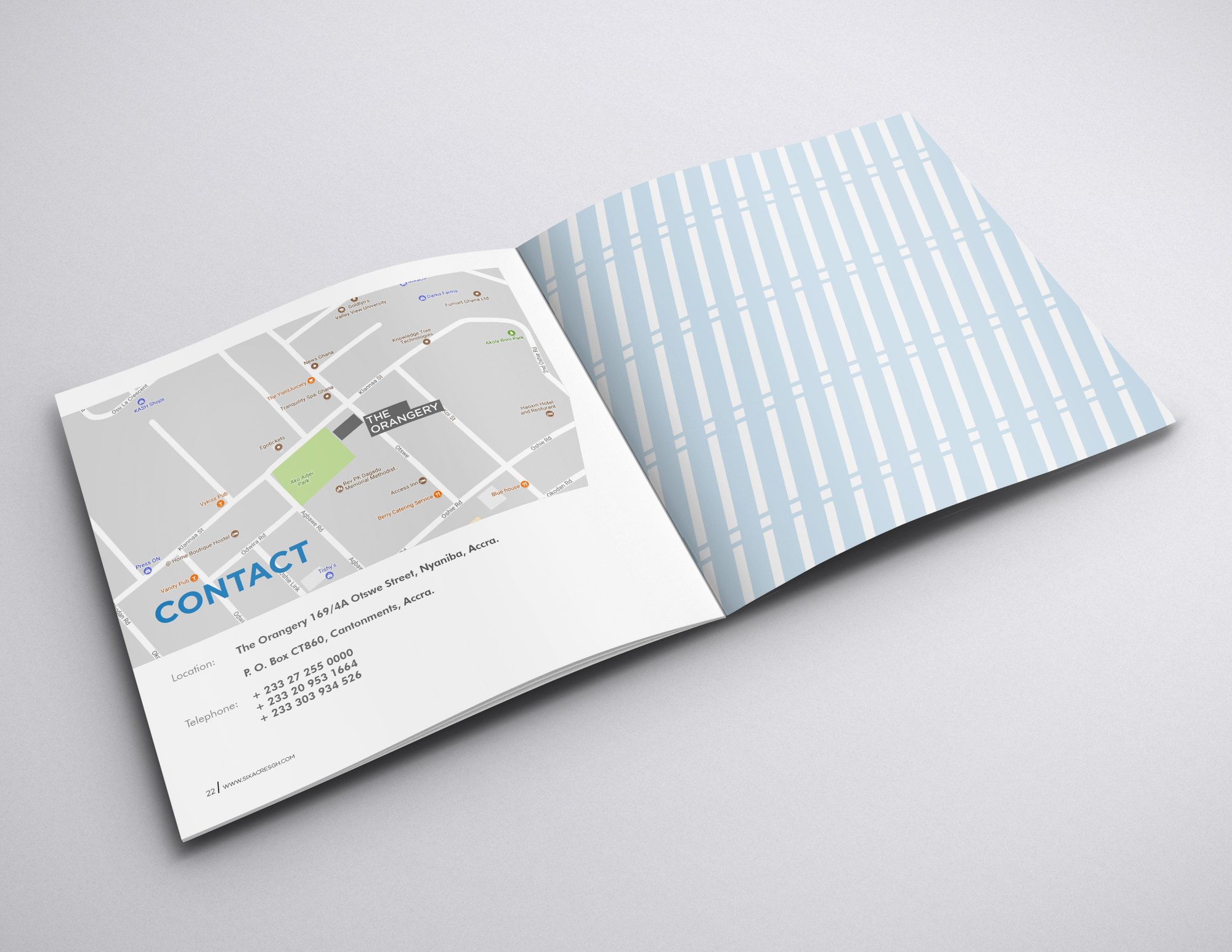 Closing CONTACT spread: a street map of the Nyaniba and Cantonments grid, Otswe Street, Oshie Road and Klannaa Street, above the address block for The Orangery 169/4A Otswe Street, a P.O. Box CT860 line, three telephone numbers and www.sixacresgh.com, page 22