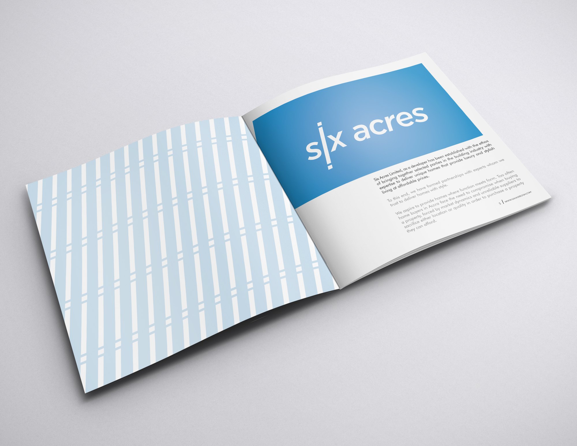 Opening spread: the left page in pale blue with a white measured stripe pattern, the right a solid blue panel carrying the six acres lockup over REAL ESTATE DEVELOPERS and three paragraphs introducing the developer ethos, page 3