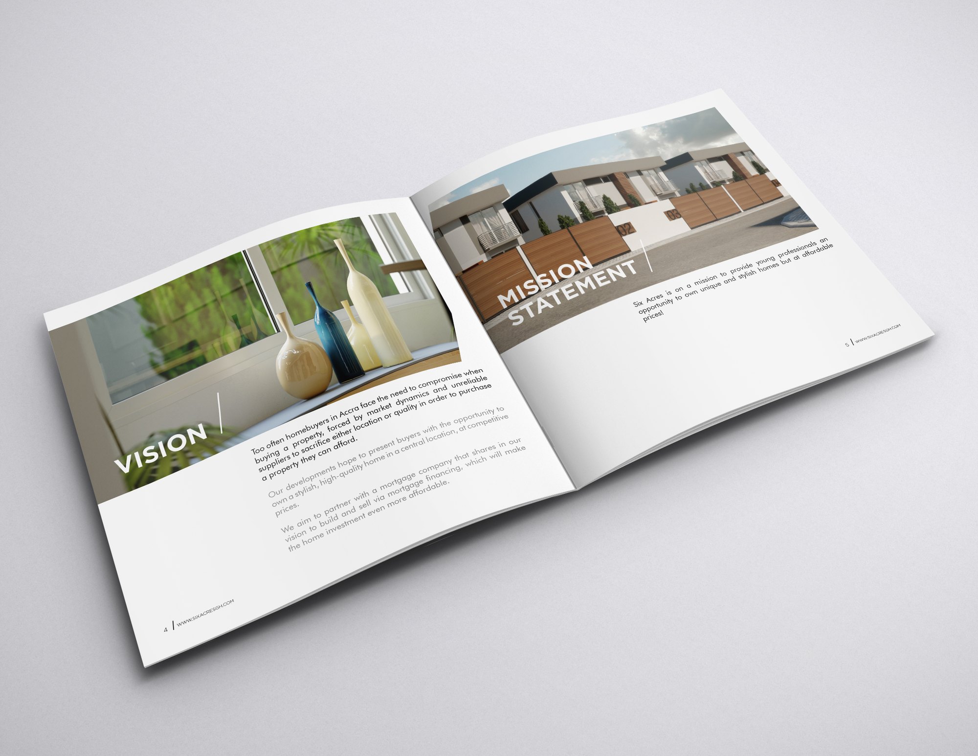 Spread pairing the two statements: an interior photograph above the blue VISION heading on the left, and a daylight render of numbered townhouses behind timber gates under the MISSION STATEMENT on the right, page 5