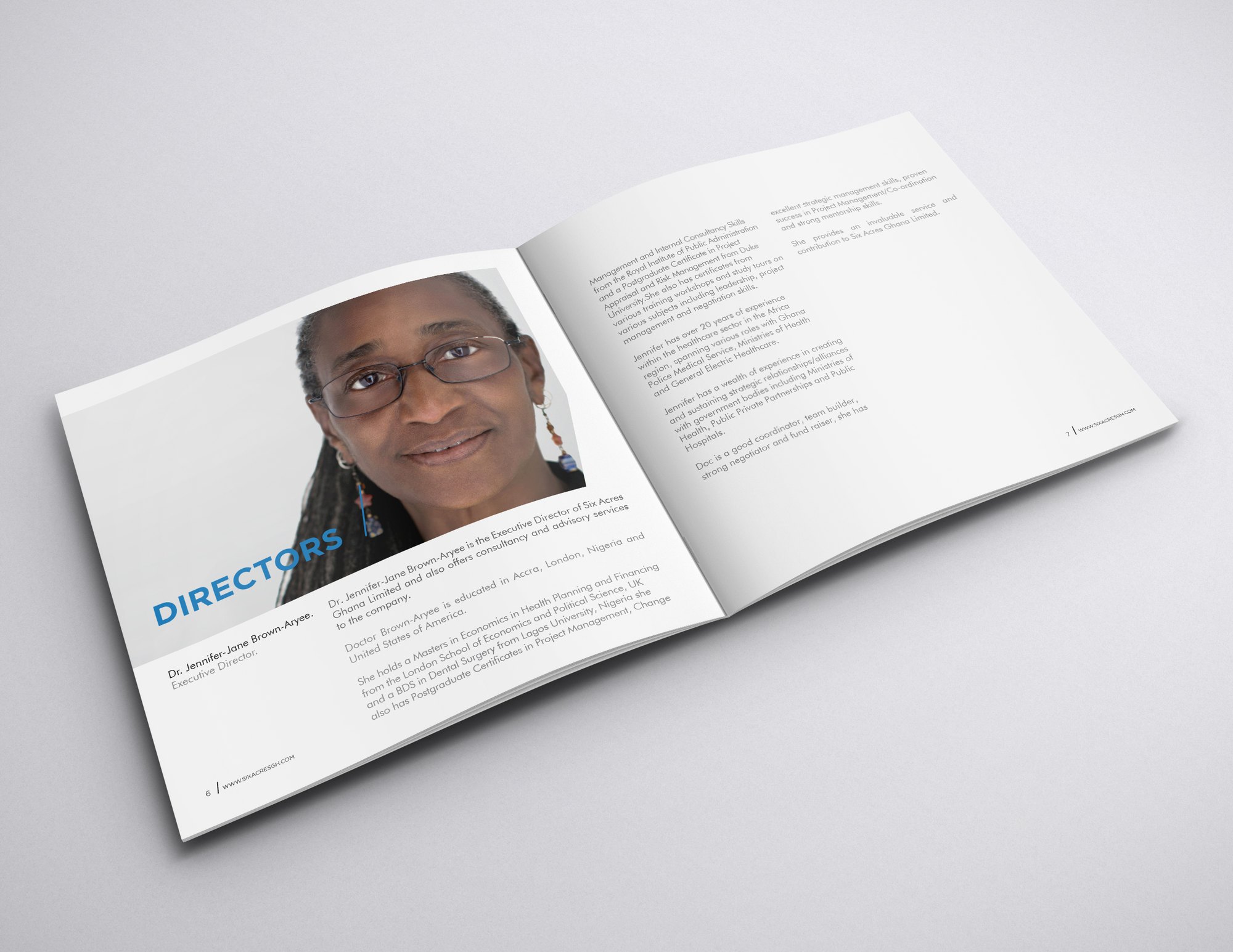 DIRECTORS spread: a portrait of a founding director in glasses and a patterned dress bled beneath the blue heading, her biography set in two columns on the facing page