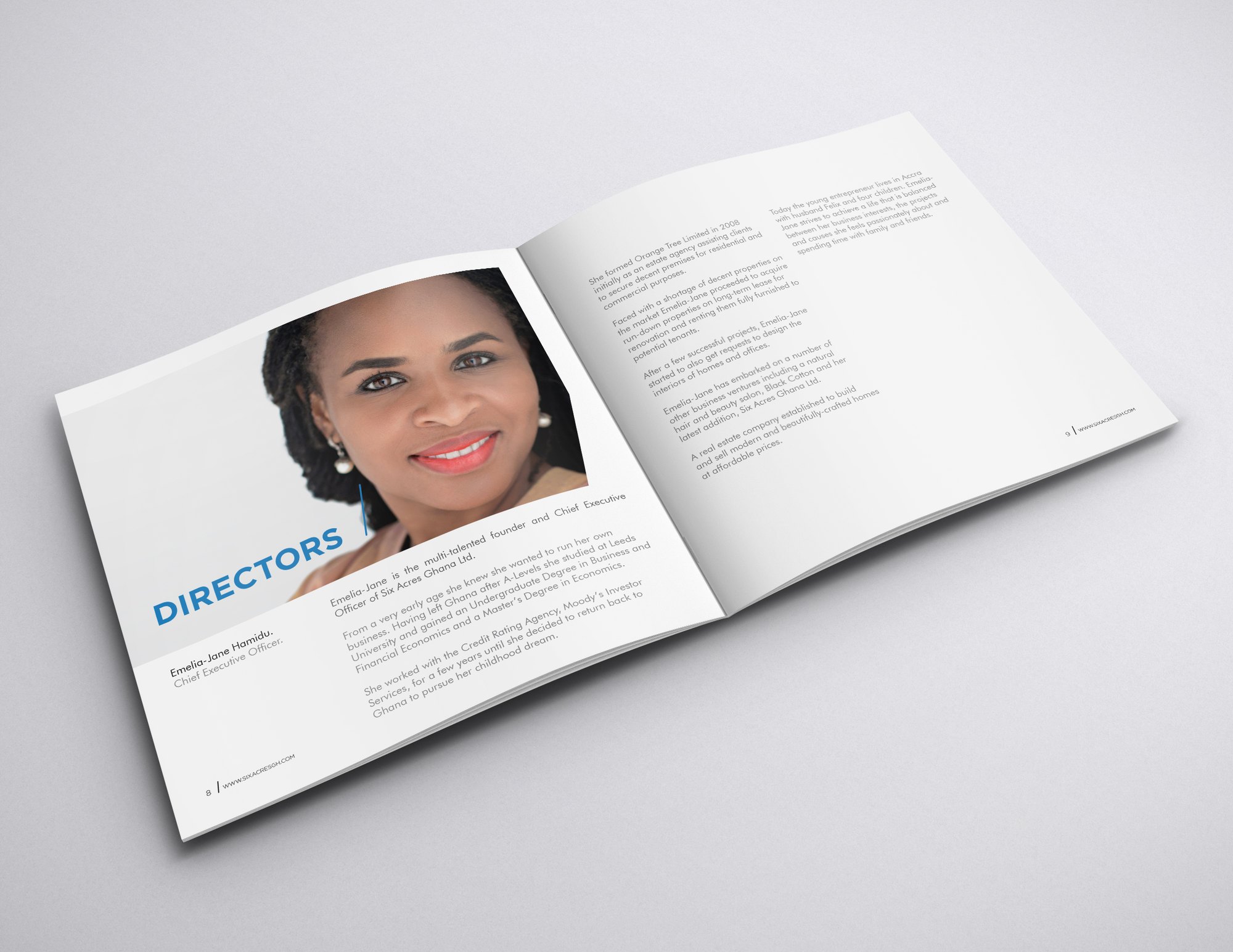 Second DIRECTORS spread: a portrait of a director on the left page beneath the blue heading, with her appointment and professional background facing on the right