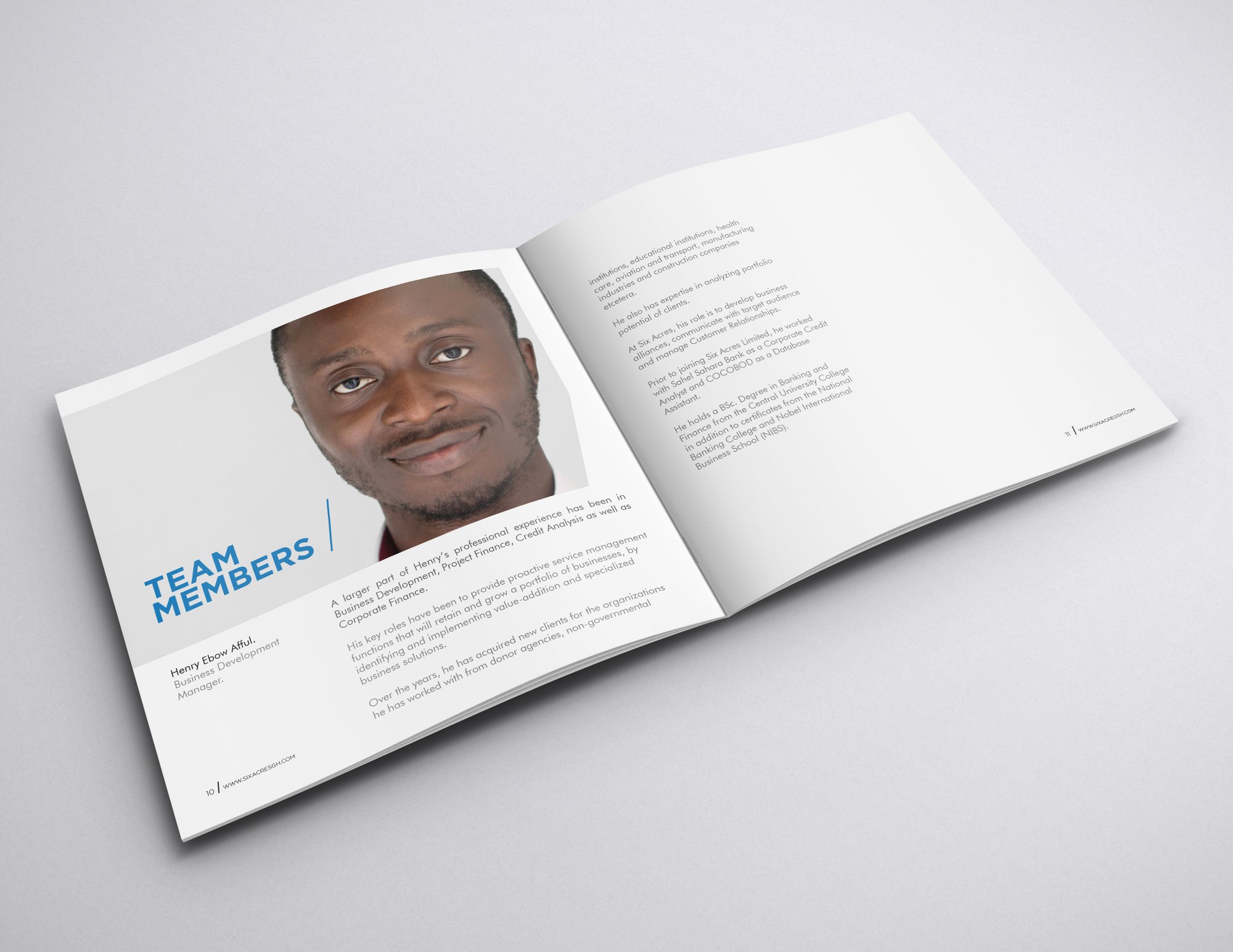 TEAM MEMBERS spread: a portrait of a team member in a light shirt under the blue heading, his role and experience set on the facing page