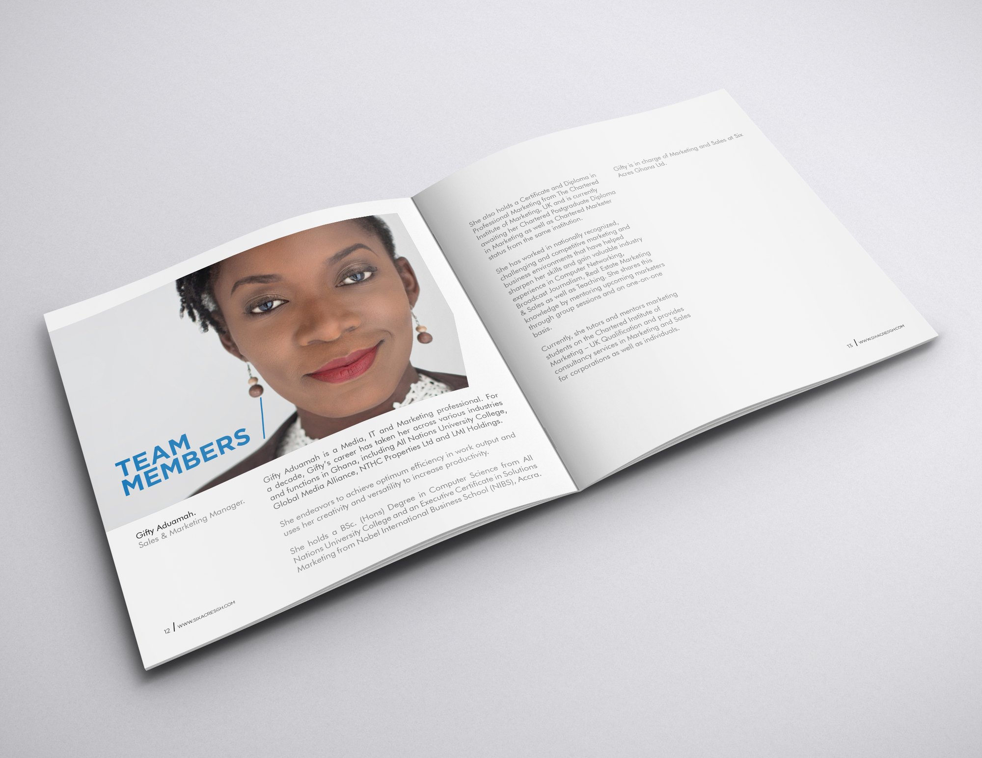 TEAM MEMBERS spread: a portrait of a team member on the left page, the blue heading running into her role and responsibilities on the right