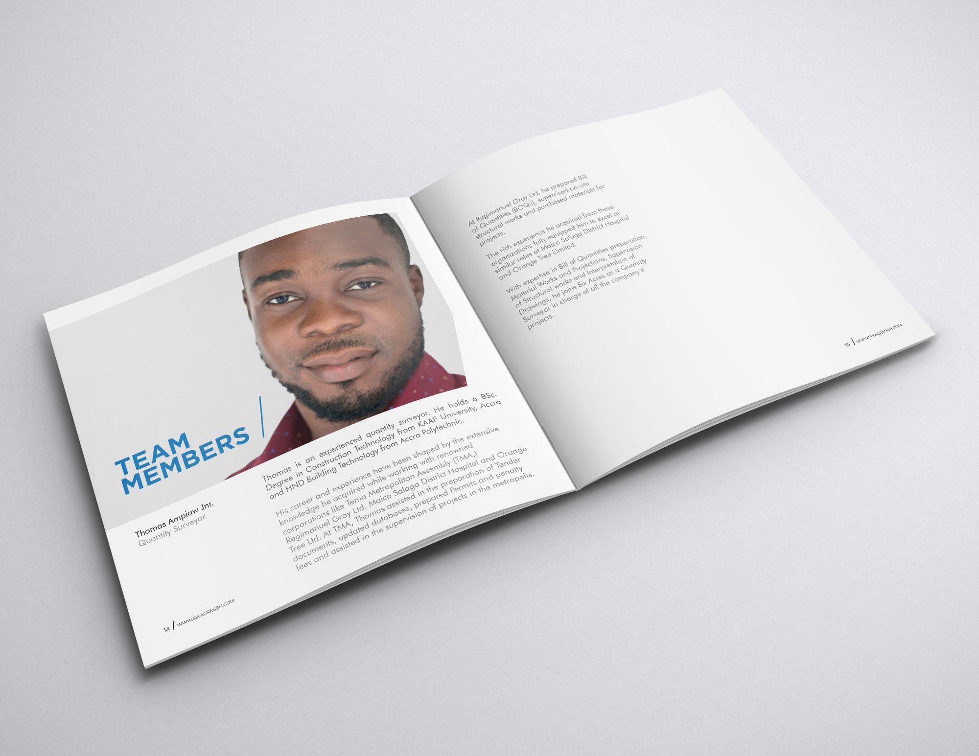 TEAM MEMBERS spread: a portrait of a team member in a maroon shirt beneath the heading, with his biography facing