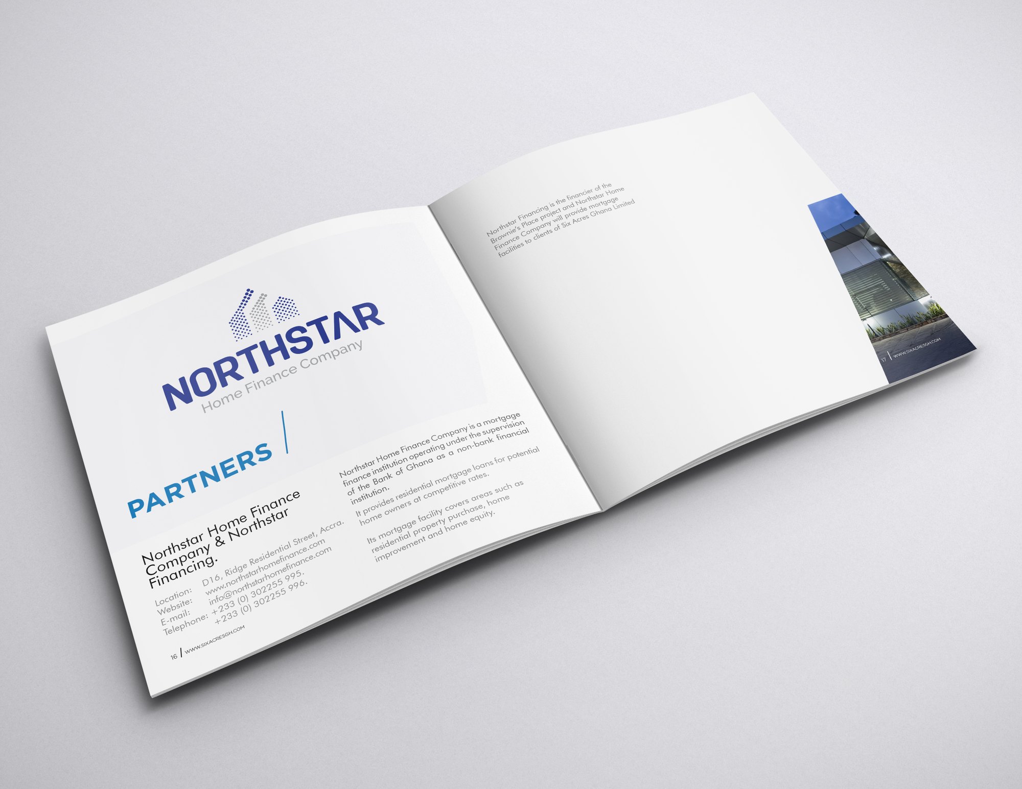 PARTNERS spread: the Northstar Home Finance Company lockup over the section heading, with the partner address at D16 Ridge Residential Street, its website and telephone lines, and a note that it is a Bank of Ghana supervised non-bank mortgage institution, page 16