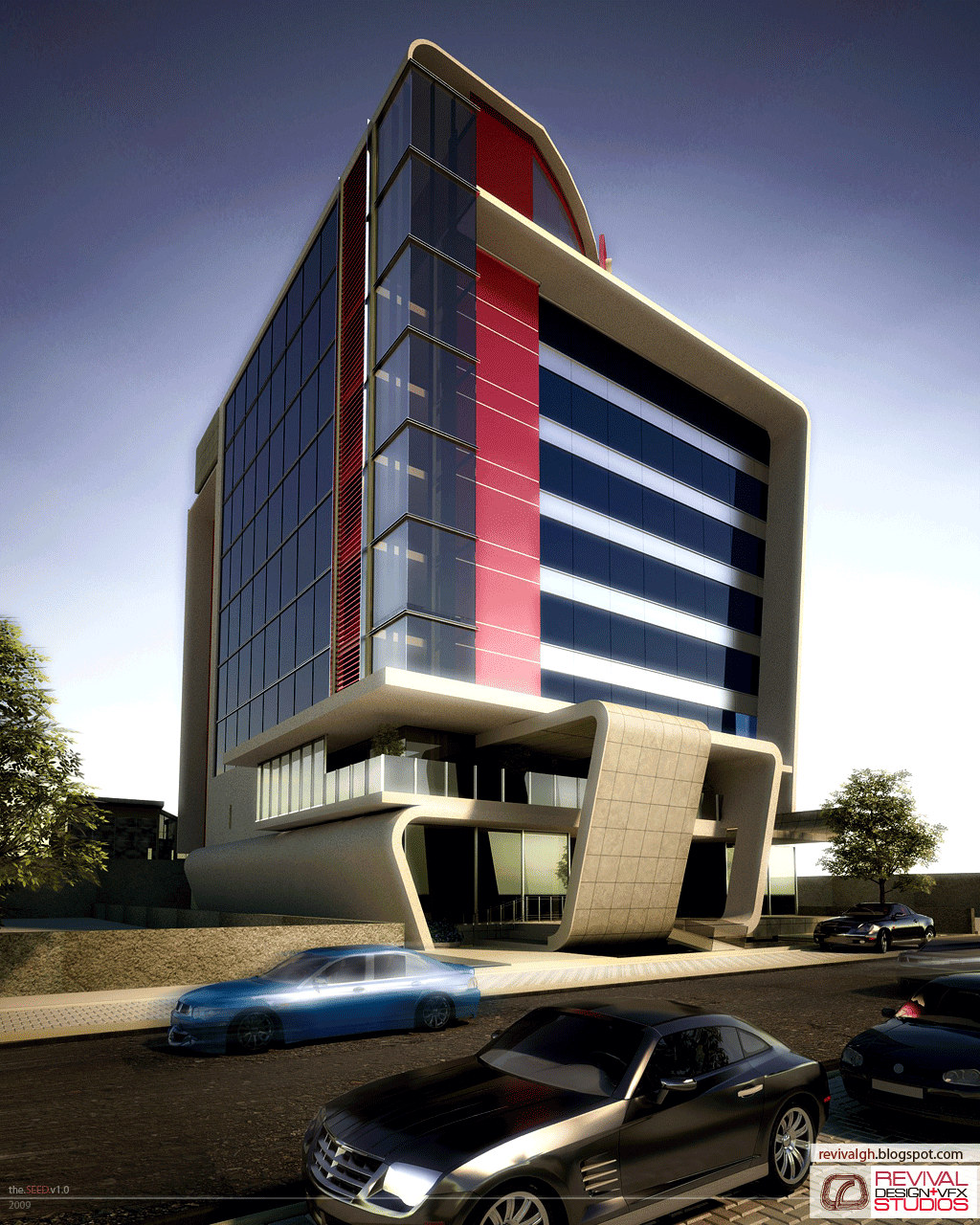 A low-angle corner view of a rendered eight- to nine-storey commercial block: a curved cream concrete frame wraps the roofline and sweeps down the right edge, the left face is a full-height glass curtain wall broken by a tall red-and-pink panel and a red louvered fin, the right face is banded in dark glazing and white panels, and the tower rises out of a sculpted cream podium whose cantilevered canopy frames a glazed entrance lobby, a planted first-floor terrace with glass balustrades and a ramped entry. A blue saloon and a dark grey coupe sit on the street in the foreground with two small trees at either side under a clear sky, and the frame carries the studio&rsquo;s the.SEED.v1.0 / 2009 mark at the lower left and its revivalgh.blogspot.com logo lock-up at the lower right.