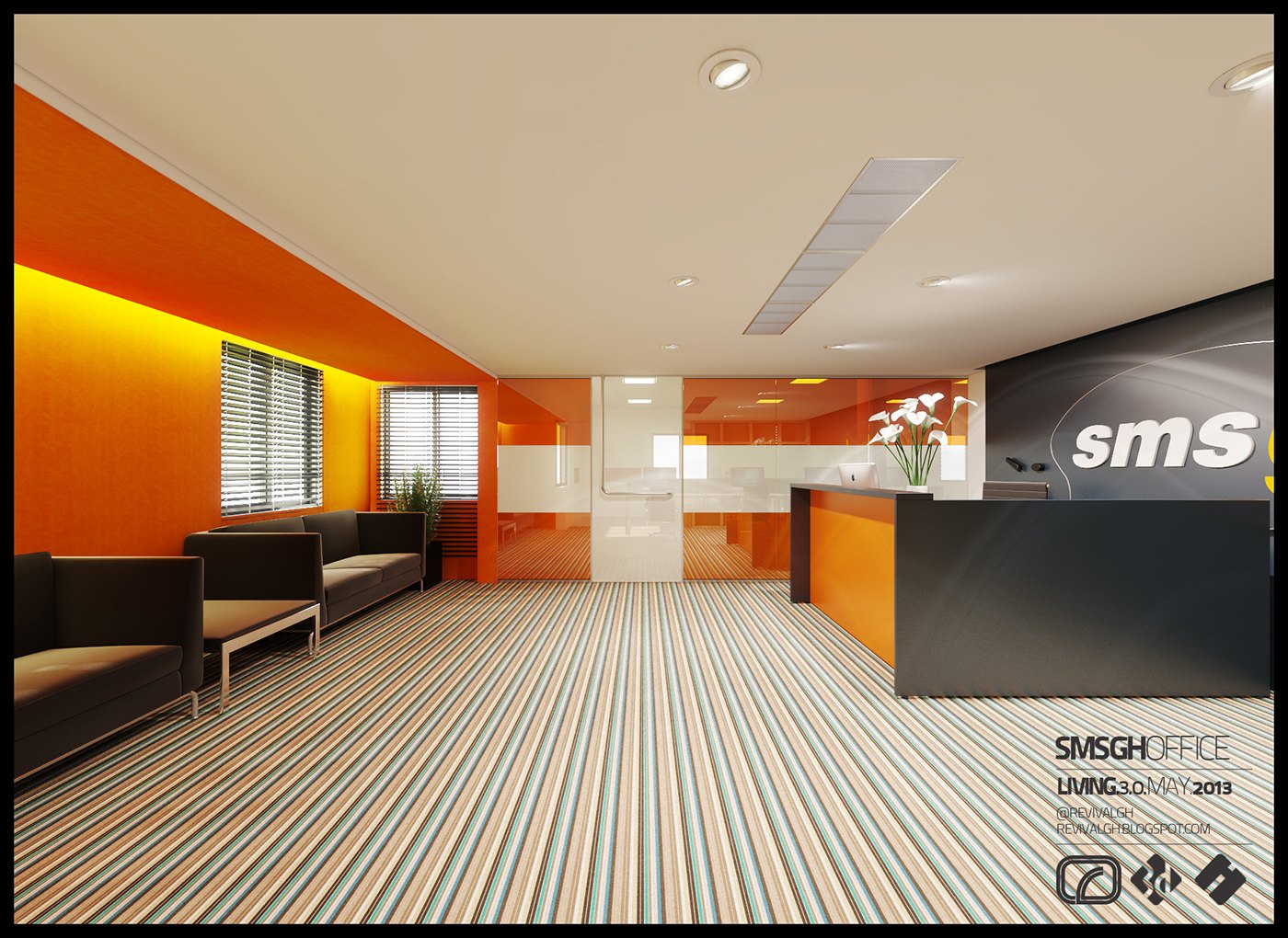 Visualization of the reception: full-height orange wall, dark desk with a white sms logo behind it, multicolour striped carpet, low black benches at the window and recessed ceiling panels over a cove-lit glass partition.