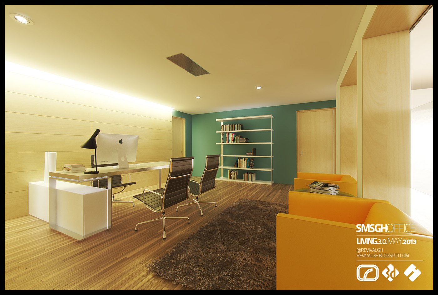 Visualization of a private office: white desk with a computer and black task chairs, green accent wall with open shelving, warm timber floor and ceiling, cove lighting and an orange sofa in the foreground.