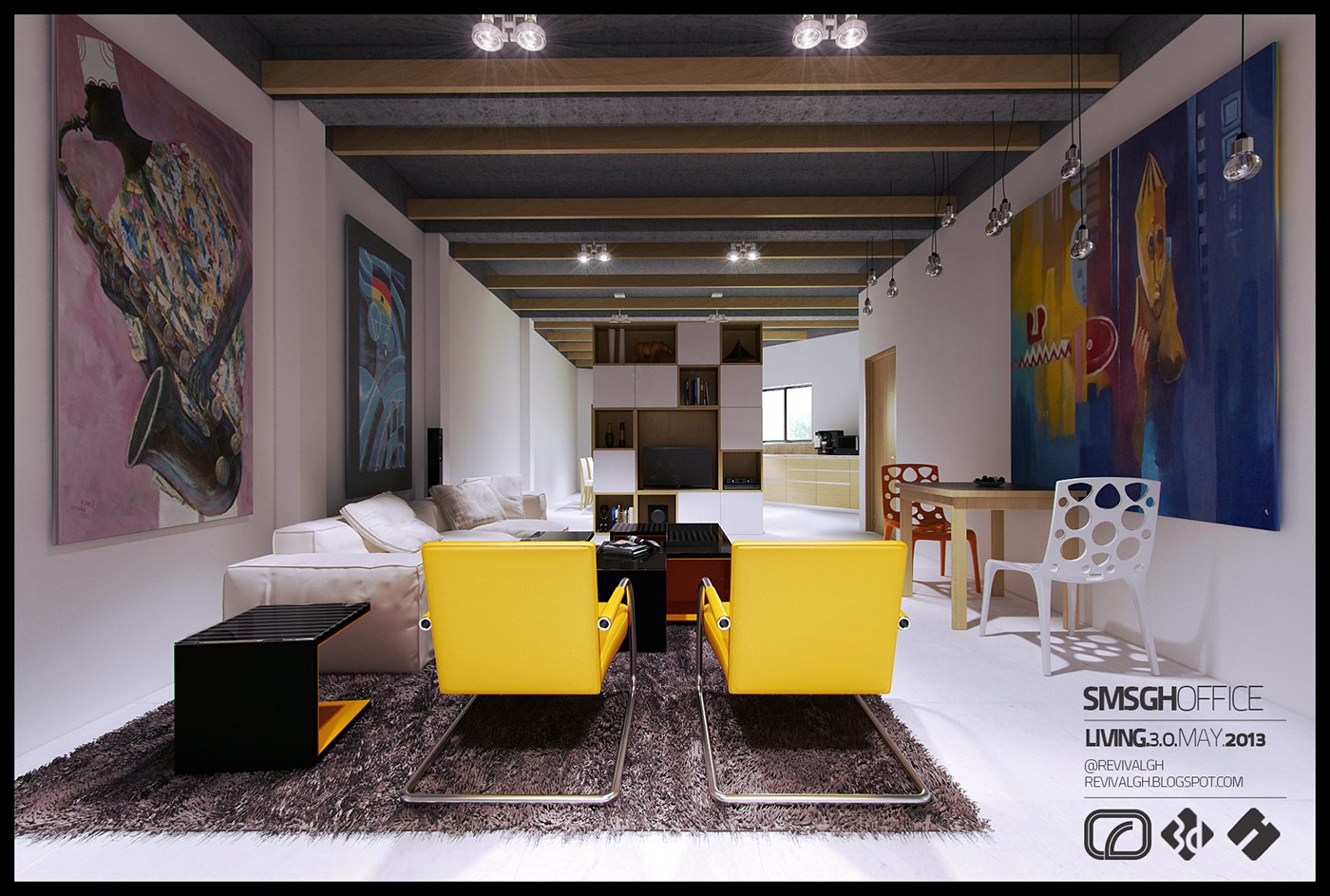 Visualization of the breakout lounge: exposed timber ceiling beams and track lights, large colourful paintings on white walls, grey sofas, two yellow armchairs on a dark shag rug, black coffee table and white chairs beyond.