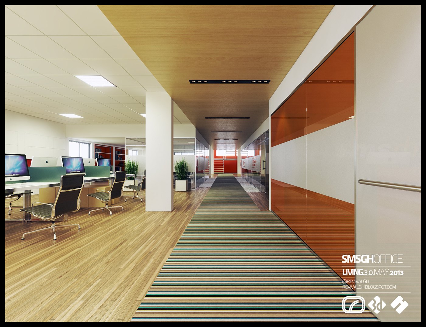 Visualization down the main circulation route: striped runner carpet between timber-floored desk banks with green screens, white columns, an orange and white partition wall at right and linear ceiling lights leading to a red far wall.