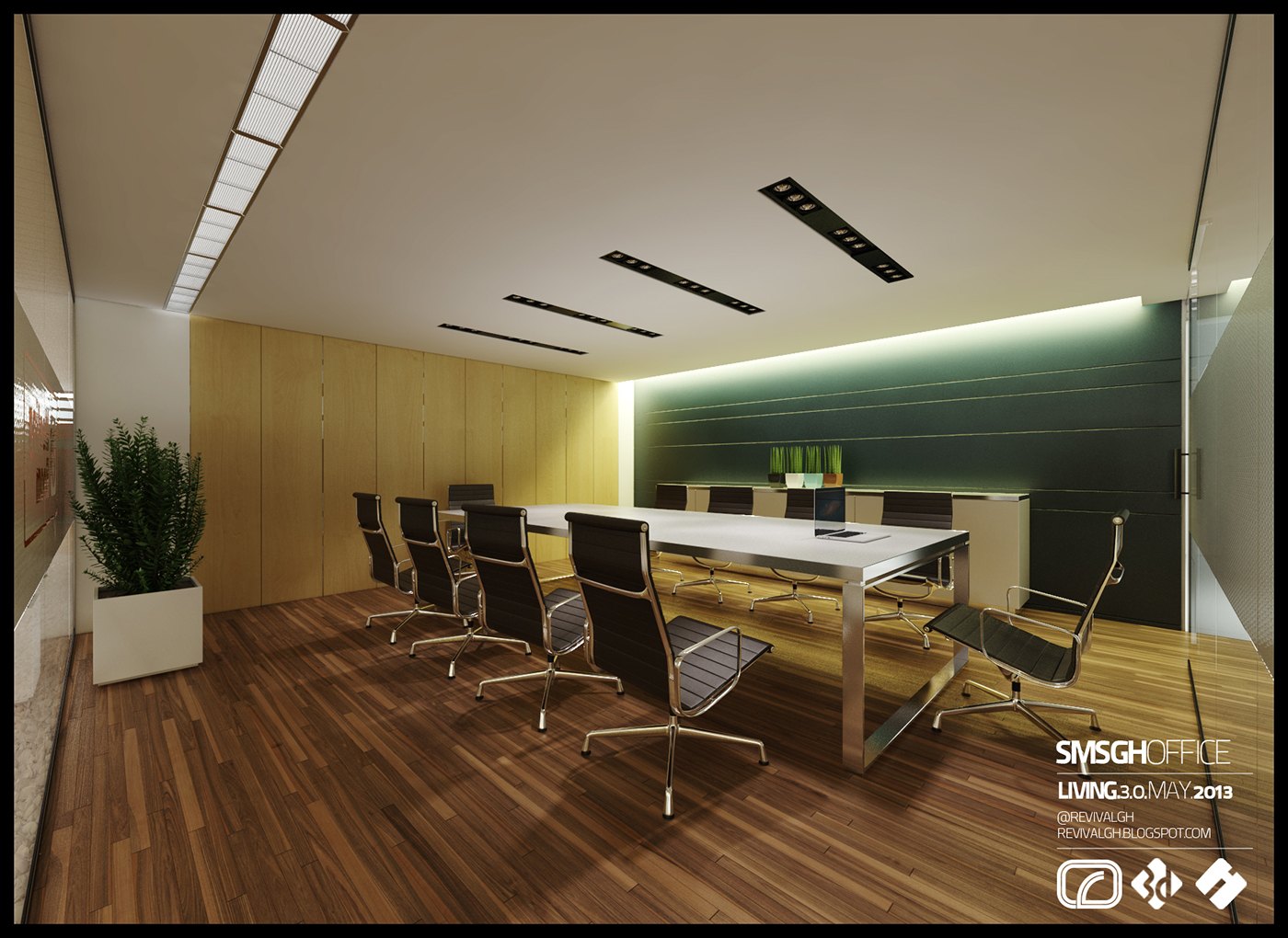 Visualization of the boardroom: long pale table with black leather chairs, timber floor and wall panelling, a dark green feature wall washed by concealed lighting, recessed linear ceiling slots and a planter in a white trough.