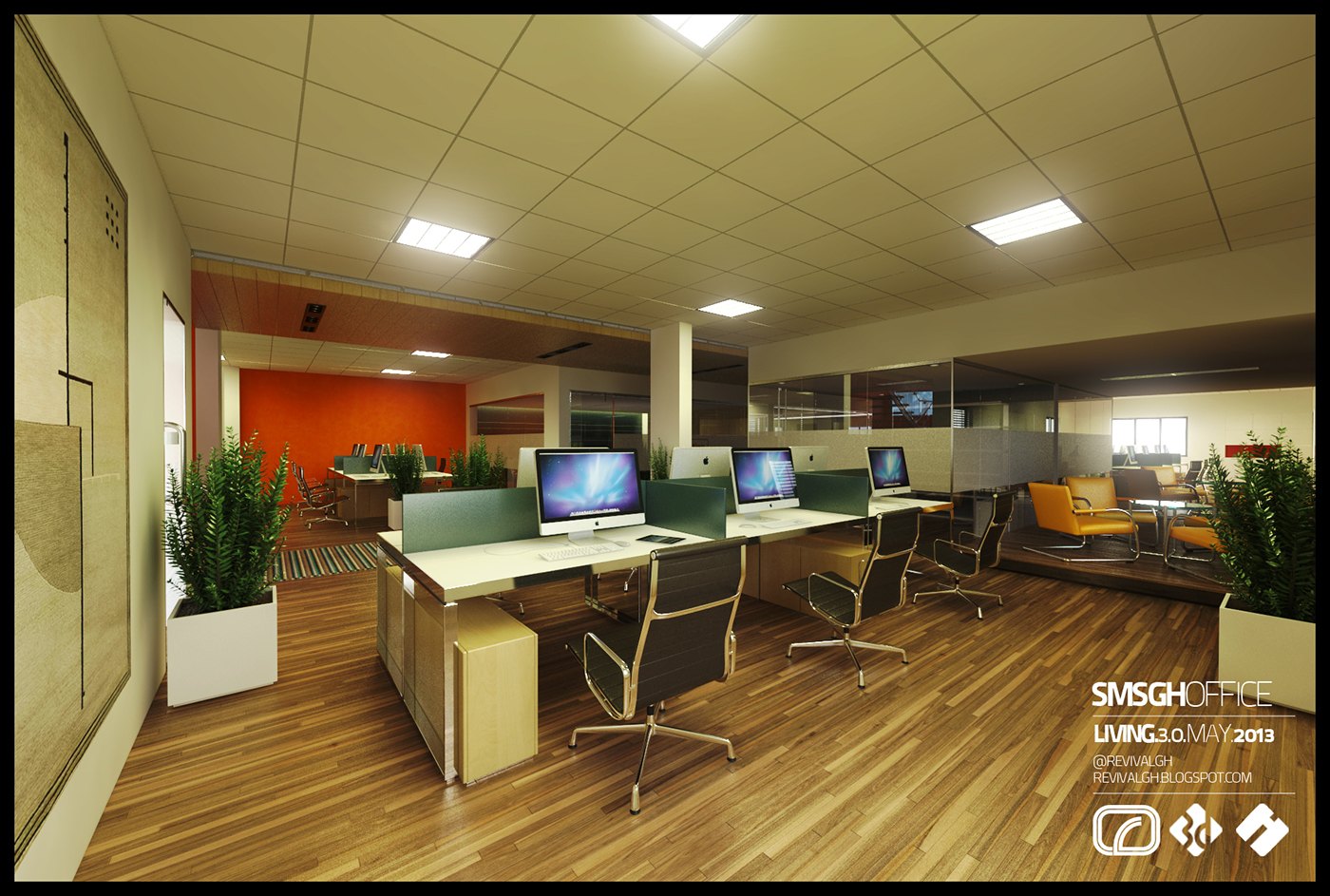 Visualization of the open-plan floor: rows of workstations with monitors and green desk screens on timber flooring, black mesh chairs, an orange wall in the distance, yellow lounge seats at right and planted troughs between bays.