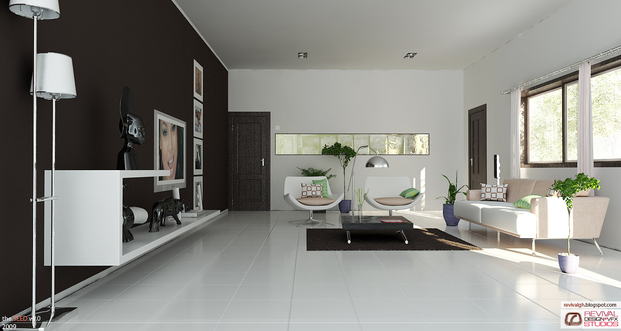 A wide rendered view of a modern sitting room lit from a bank of windows at the right. A dark brown feature wall carries a flat television showing a close-up of a woman&rsquo;s face, a column of small framed photographs and a low white floating shelf set with black sculptures; two tall white drum floor lamps stand in front of it. Two white moulded lounge chairs with brown seats and green-and-check cushions face the television across a low dark coffee table on a near-black rug, an arched chrome lamp sweeps over them, a horizontal band of patterned glass blocks is set into the far wall, and a cream sofa with matching cushions runs along the right under the windows. Potted plants stand at intervals on a pale glossy tile floor. The.SEED.v1.0 over 2009 is signed at the bottom left and revivalgh.blogspot.com above the REVIVAL DESIGN+VFX STUDIOS lockup at the bottom right.