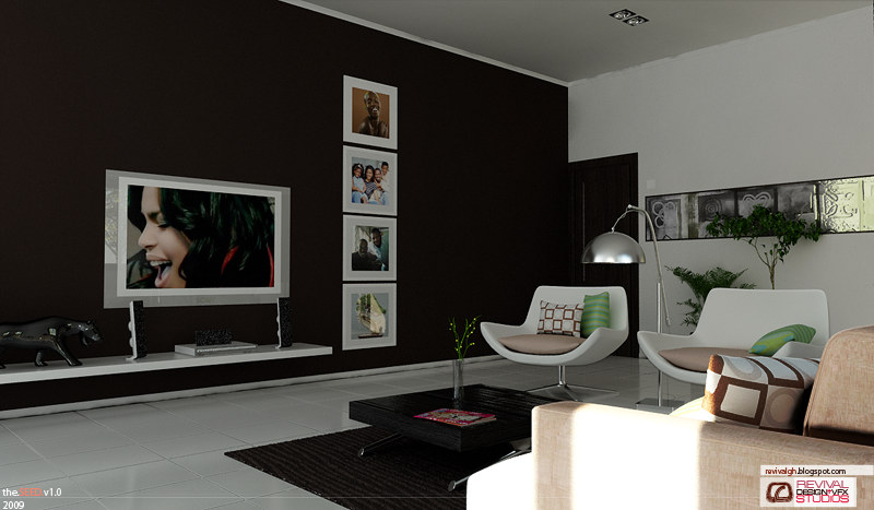 The same lounge from the other end, close on the television wall: the dark brown panel fills the left of the frame with the flat screen, the column of five framed photographs and the white shelf with its black animal sculptures below it, while the two white lounge chairs, the arched chrome lamp and the low dark table sit in sunlight at the right against a white wall and a dark door.
