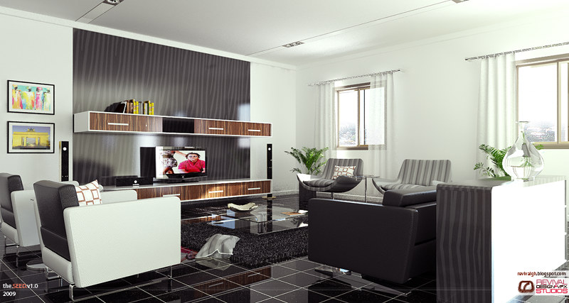 A second sitting room, worked in black and white. A full-height feature wall of dark undulating panels carries a long floating cabinet in dark timber with a television inset below it and two framed pictures hung on the white wall to its left; two sofas and a low glass table sit on a mirror-gloss black tile floor, two grey armchairs stand by tall sheer-curtained windows at the right, and a white plinth cabinet closes the near corner.