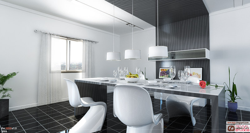 The dining room in its grey scheme: a long white-topped table on a dark base with four white moulded shell chairs stands under three white drum pendant lights, a low counter with a lamp and framed pictures runs along a dark panelled wall at the right, a single window with a sheer curtain lights the pale walls, and the floor is black tile laid on the diagonal.