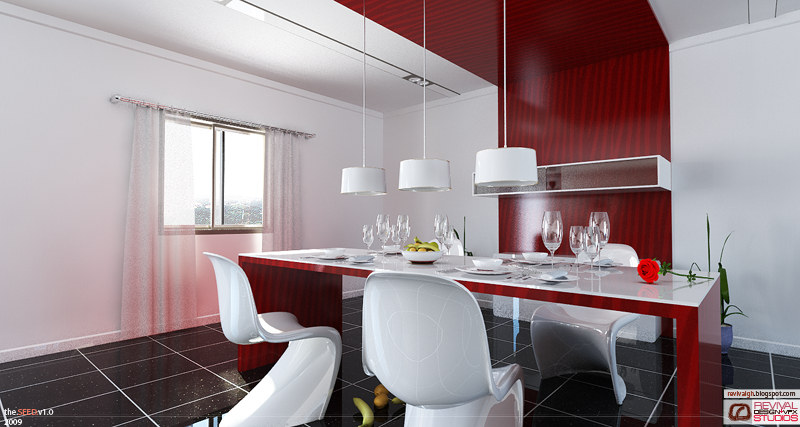 The same dining room, same camera, in its red scheme: the walls, the table base and the counter front are now deep red against the same white chairs, the same three drum pendants and the same black diagonal-tiled floor, with a rose laid on the set table.