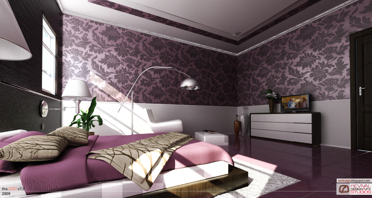 The bedroom seen from the foot of the bed. The walls are papered in a large mauve damask over a pale dado, the ceiling is coffered with a dark band, and a low platform bed dressed in plum with a branch-pattern throw and matching cushions sits against a dark headboard wall at the left. An arched chrome floor lamp sweeps across the room towards a white chair by the window, a white dresser with a television on it stands at the right, and the floor is laid in glossy magenta tile with a pale rug.