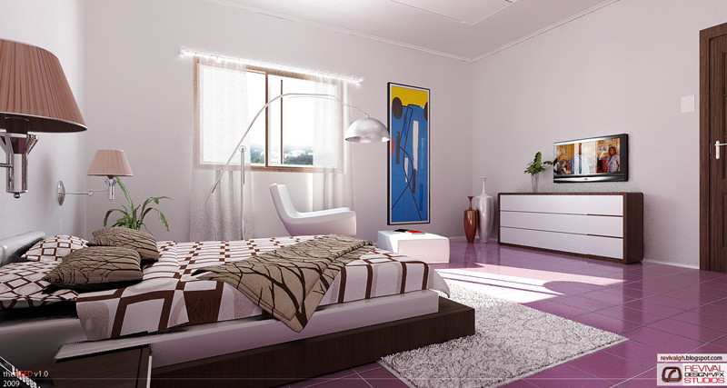 The same bedroom from the doorway, with the damask papered over to plain pale walls: the low bed is now dressed in brown and white, a tall blue-and-yellow abstract canvas stands between the window and the white dresser, a pleated drum pendant hangs at the near left, and the magenta tile floor and the arched chrome lamp are unchanged.