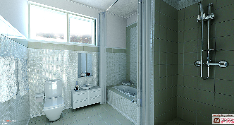A bathroom in pale green and white. A wall-hung toilet and a white vanity with a vessel basin and a mirrored cabinet sit against a wall of small white mosaic, a bath is built in under a band of high windows, and the right-hand wall is clad in large sage tiles with a chrome shower column fixed to it; towels hang at the near left on a glossy pale tile floor.