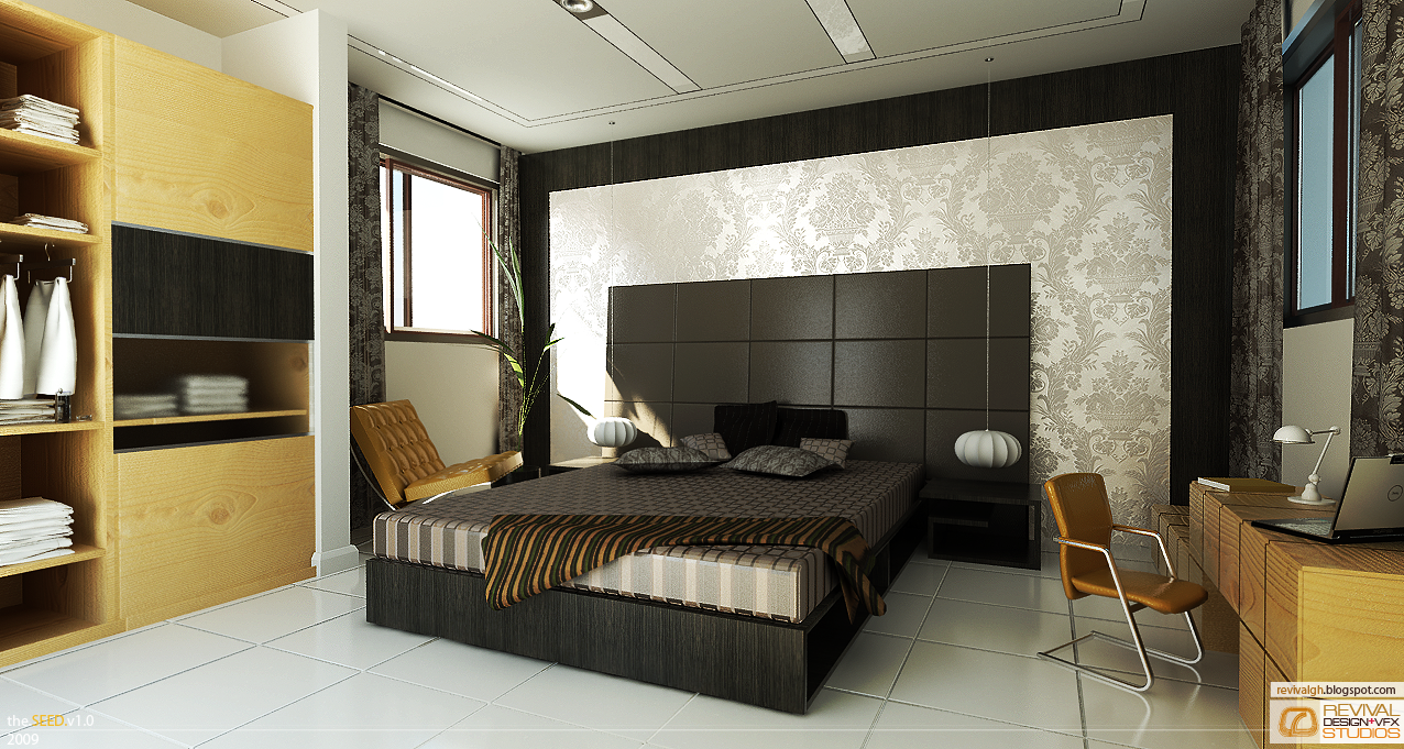 A rendered bedroom in dark and silver. A low platform bed with a grey patterned cover and a striped throw runs across the centre, its headboard four large upholstered panels fixed onto a wider panel of pale damask wallpaper that fills the middle of the wall like a framed picture, the rest of that wall paneled floor to ceiling in dark timber. Two white paper lanterns hang on long drops either side of the bed instead of bedside lamps. At the left a pale pine unit combines open shelving stacked with folded linen, a hanging rail with white shirts and a bank of dark drawer fronts; at the right a matching pine desk carries an open laptop and a small chrome task lamp, with a tan leather chair on slim steel legs tucked under it, and a second tan lounge chair angles in near a window dressed with dark curtains. The floor is large glossy white tile and the ceiling is coffered with recessed spots. The.SEED.v1.0 over 2009 is signed at the bottom left and revivalgh.blogspot.com above the REVIVAL DESIGN+VFX STUDIOS lockup at the bottom right.