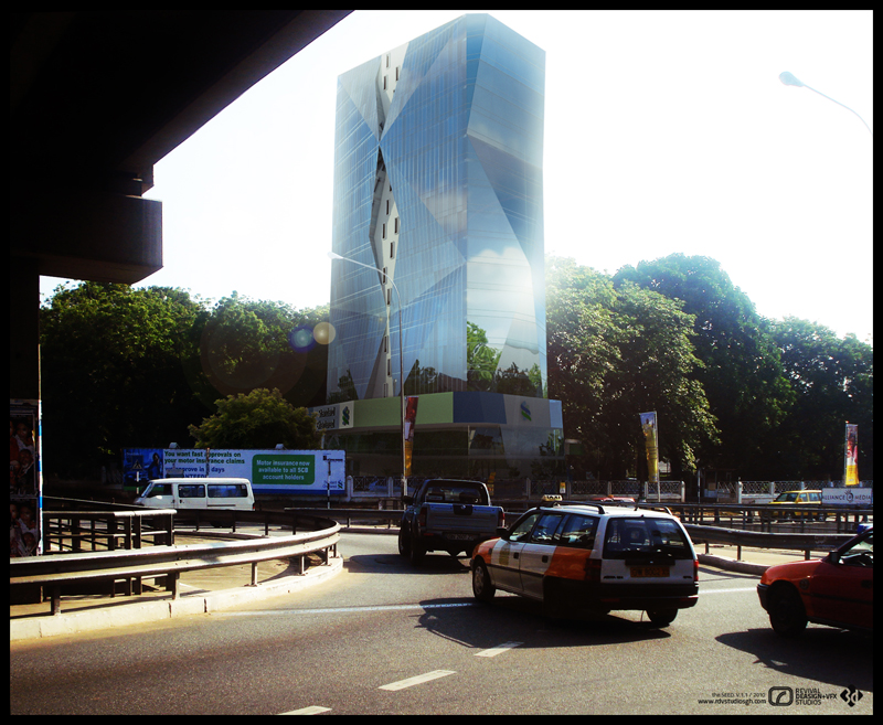 The same corner in daylight, seen wider: the folded glass tower rises against a pale sky, its angled curtain-wall facets catching the light and the curving central void reading as a notch of exposed floor plates. Mature trees flank the block on both sides, the green-and-blue podium and bank signage sit at its base, and in the foreground a curved guardrail guides a pickup and a white-and-orange station wagon around the junction, with a billboard advertising motor insurance to SCB account holders at the left and the flyover&rsquo;s underside cutting the top-left corner.