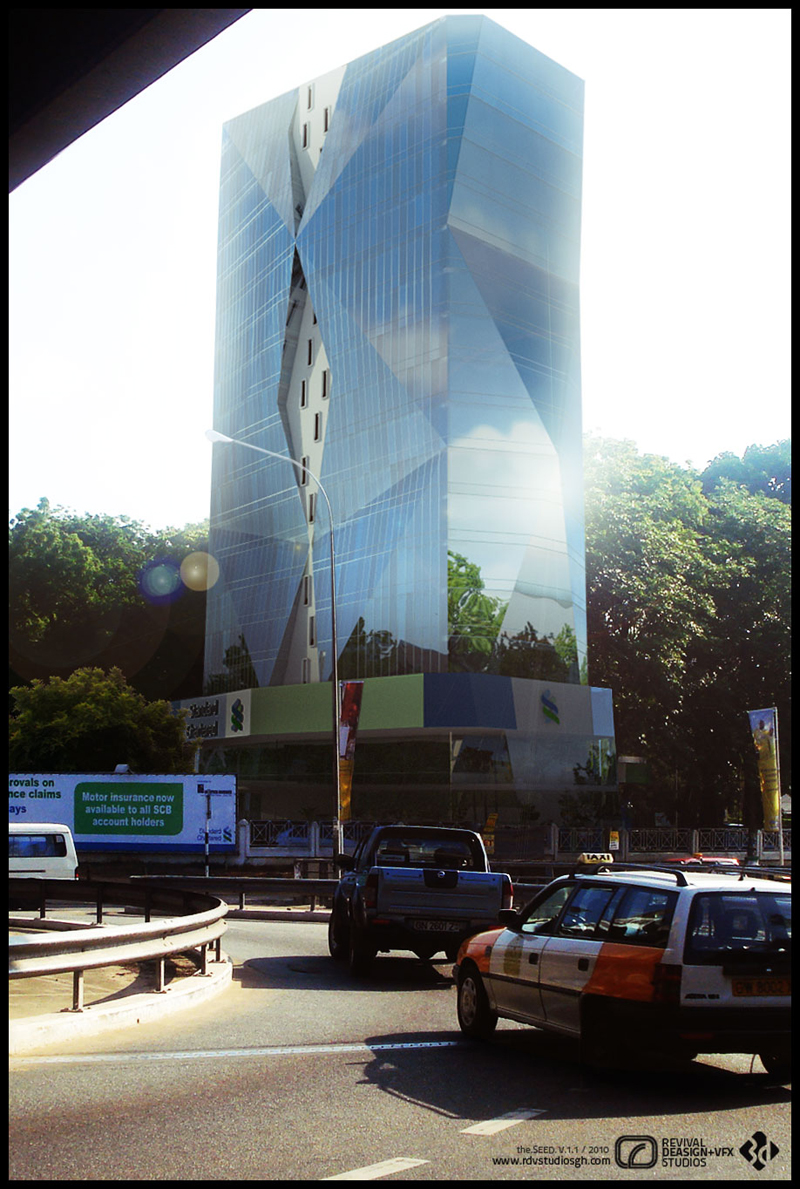 A tighter, vertical daylight crop of the tower, dominated by the folded glass: the angled facets and the tall curving void up the centre fill most of the frame, with the green-and-blue podium and the bank&rsquo;s logo band low at the base. A street lamp curves in front of the glazing, trees close both edges, and a white van, a pickup and the white-and-orange station wagon pass along the road in the foreground.