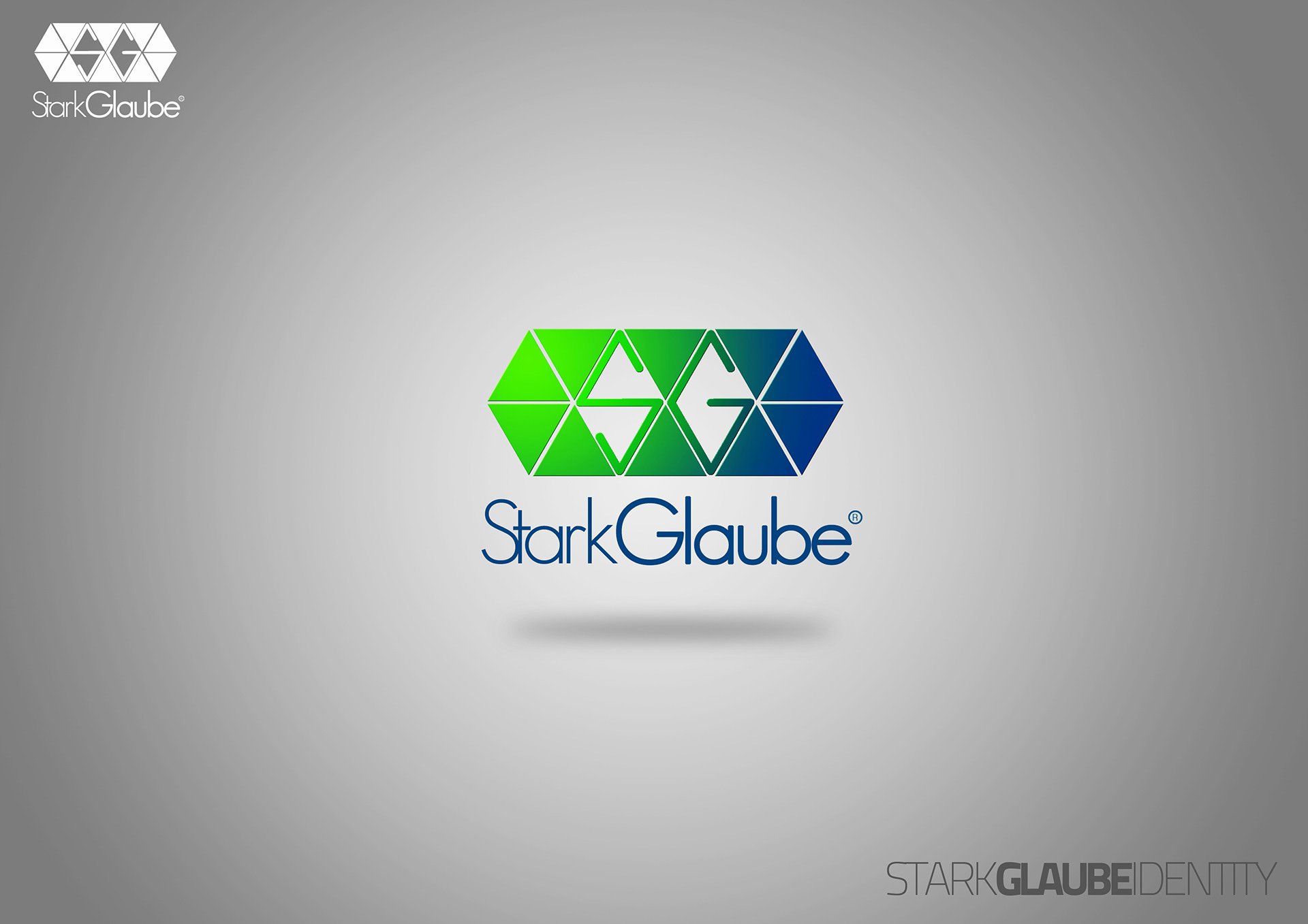 Stark Glaube primary lockup: SG knocked out of a green-to-blue triangle band above the blue StarkGlaube wordmark
