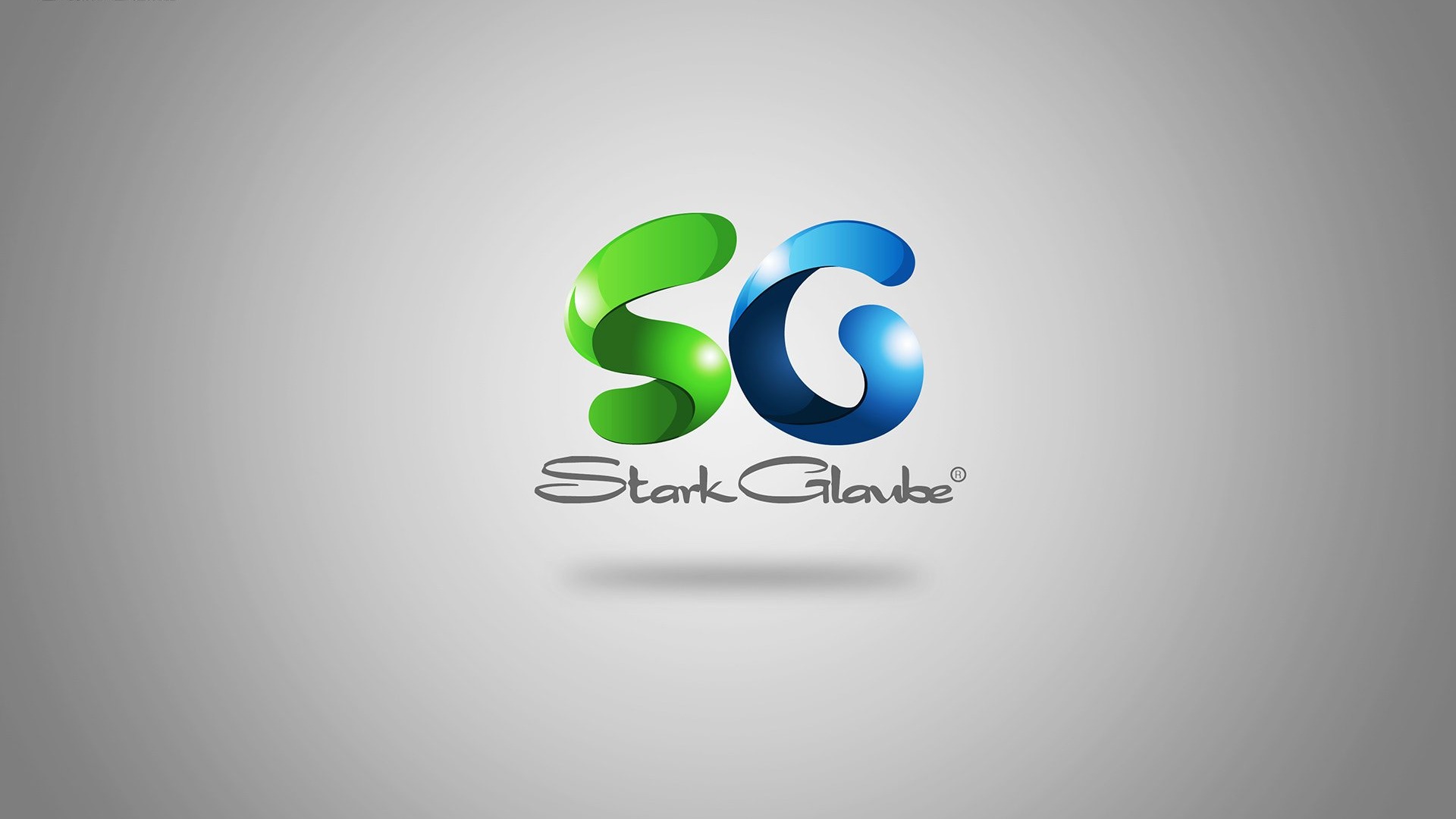 Stark Glaube — the initials SG drawn as glossy ribbon loops, green for the S and blue for the G, above a hand-set wordmark