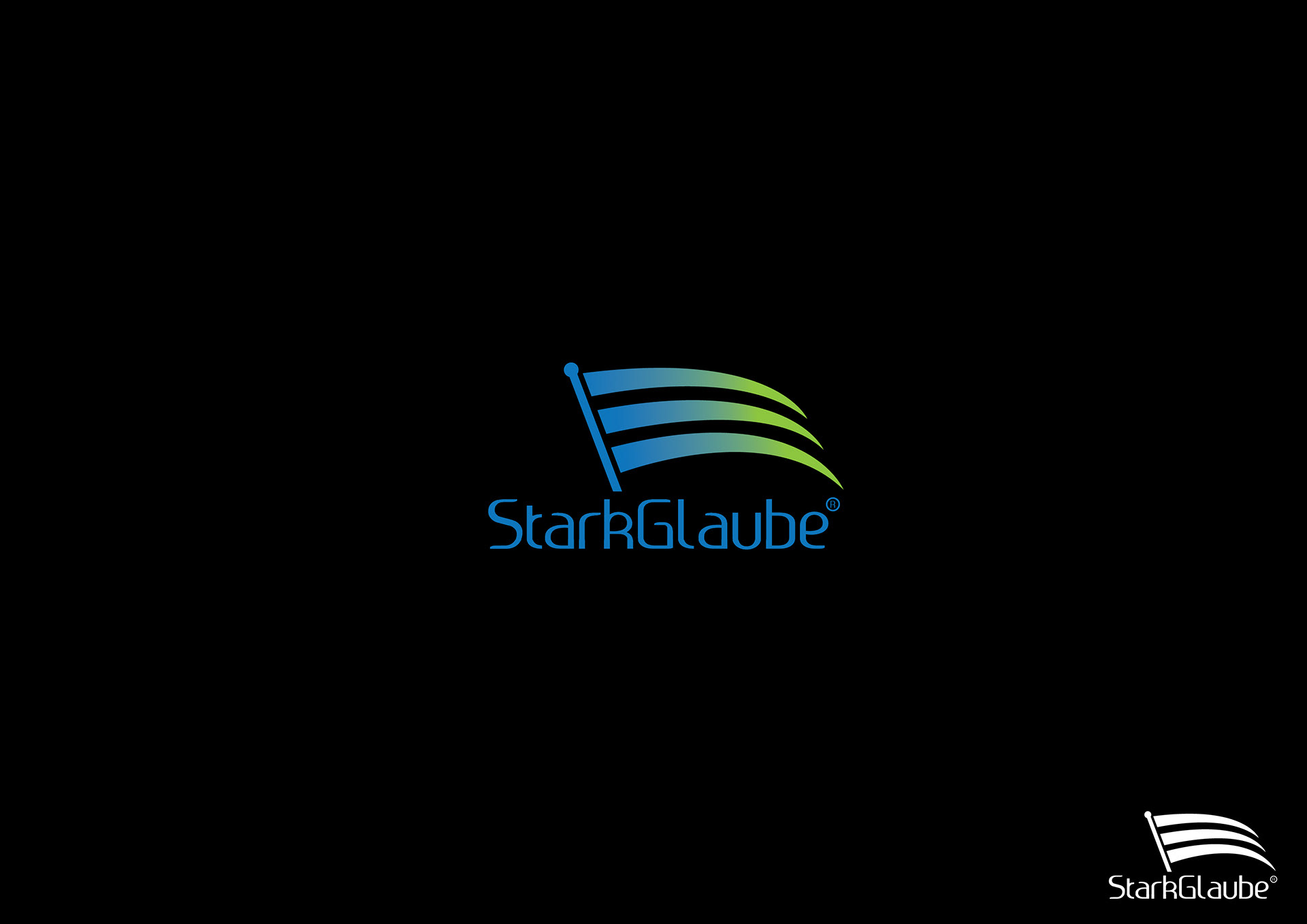 Option with a three-bar blue-to-green banner on a pole above the StarkGlaube wordmark on black