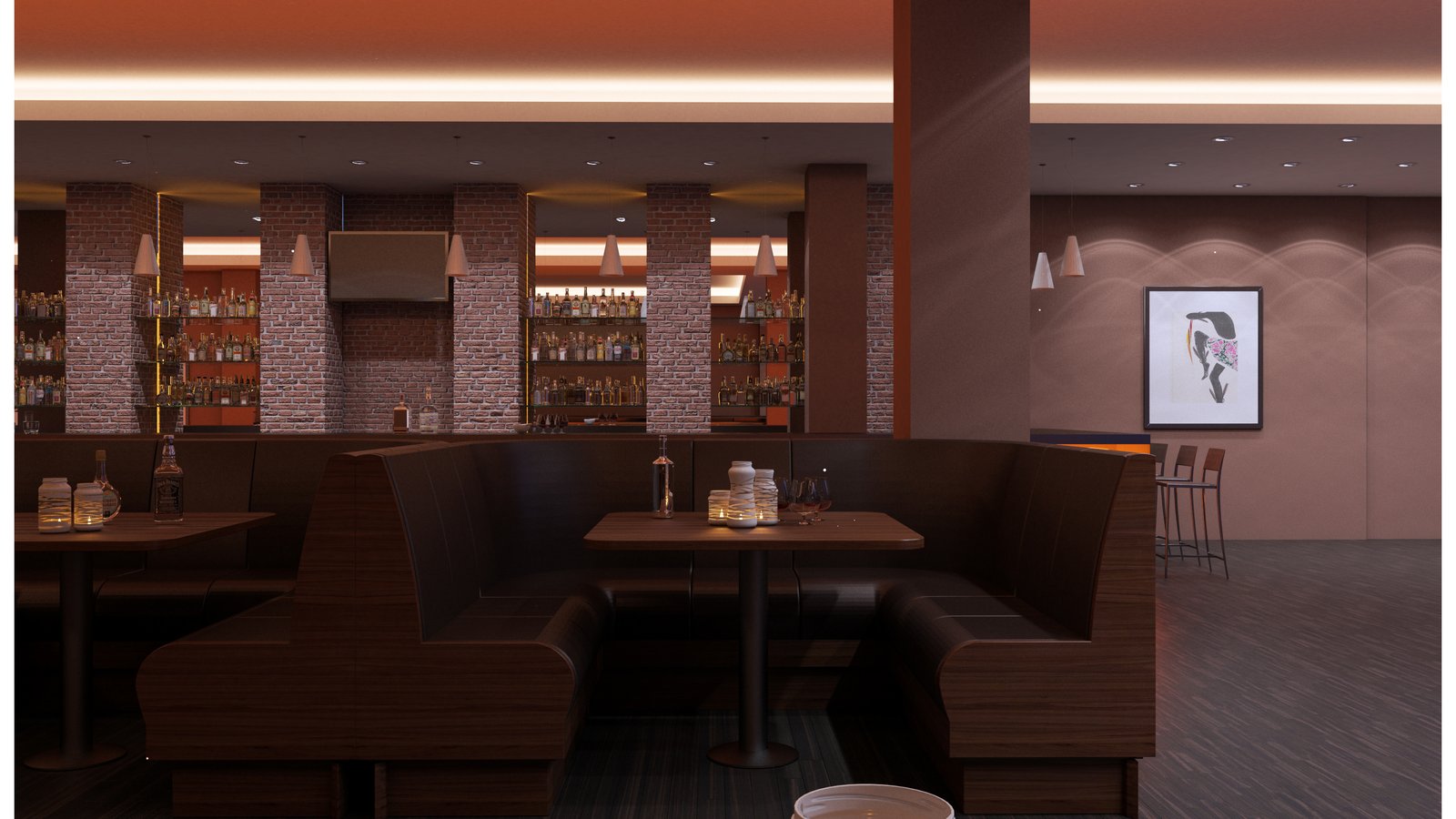 The Stellar Bar lounge: dark timber banquettes around small tables set with candle lanterns, before a back bar of lit bottle shelving between exposed brick piers under warm ceiling coves