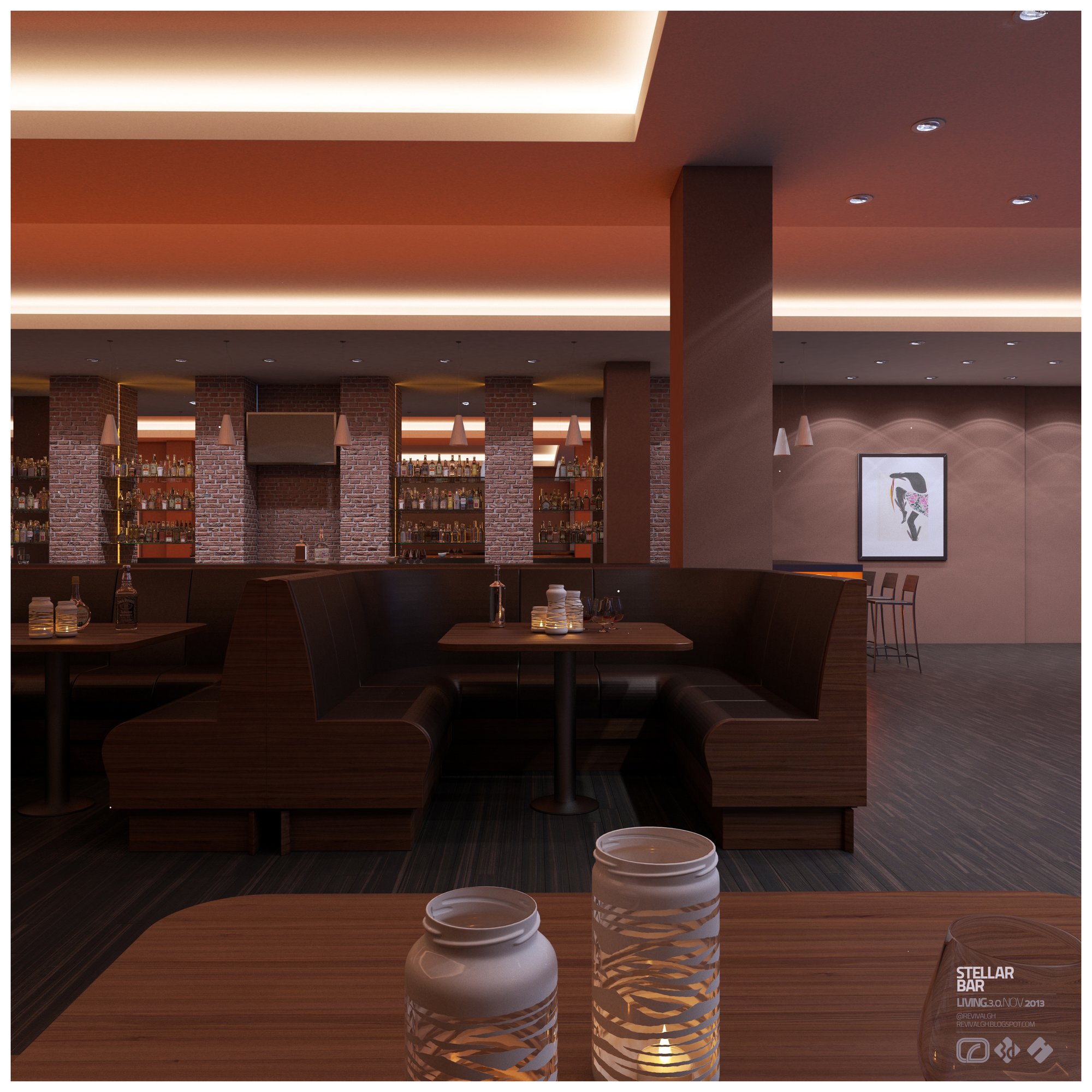 The lounge seen across its back-to-back timber banquettes and candle-lit tables toward the brick-piered back bar, with a framed portrait on the terracotta wall at right
